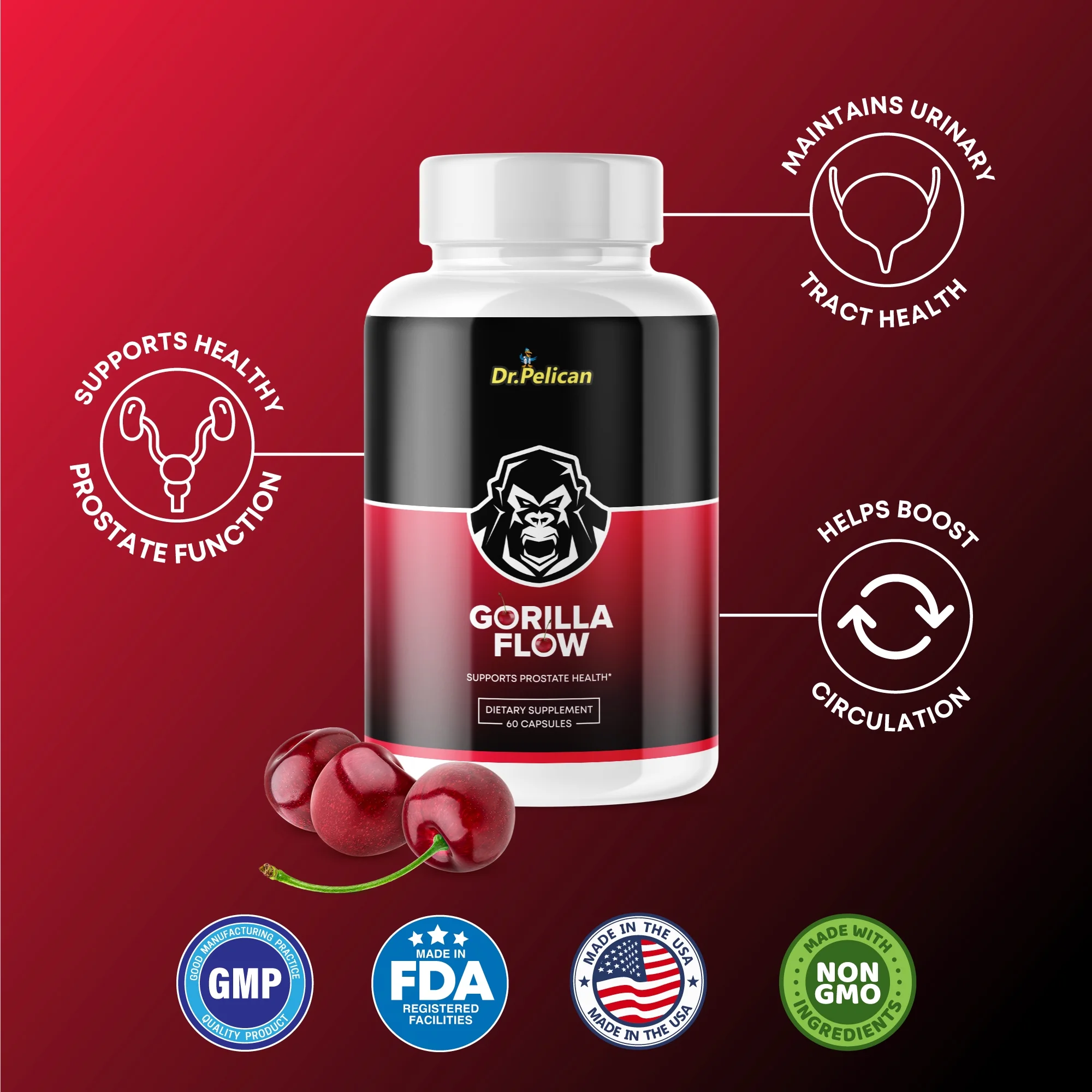 Gorilla Flow- Prostate Support/Urinary Tract Health -2 Bottles- 120 Capsules- Dr. Pelican