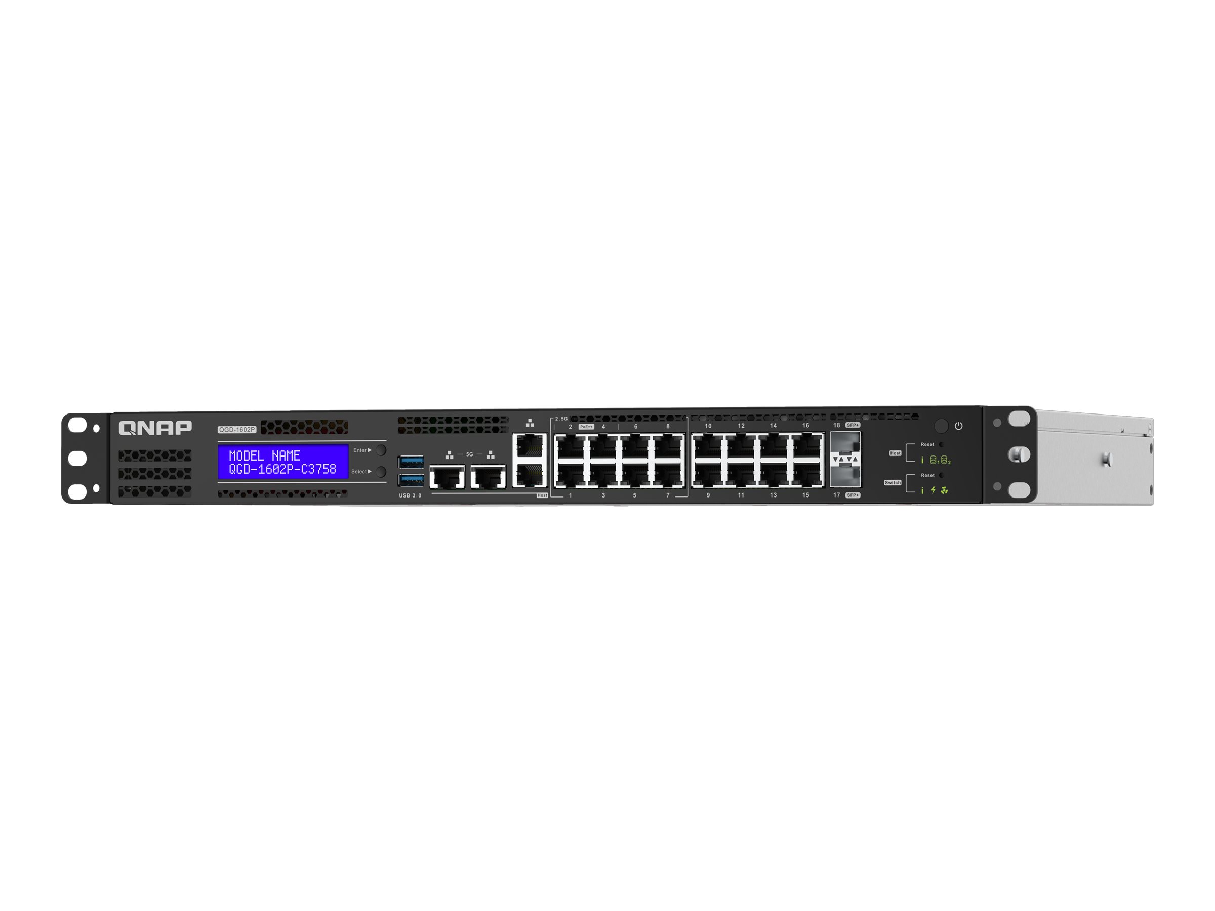 QNAP QGD-1602P - Switch - smart - 4 x 100/1000/2.5G (PoE++) + 4 x 100/1000/2.5G (PoE+) + 8 x 10/100/1000 (PoE+) + 2 x 10 Gigabit SFP+ - rack-mountable - PoE++ (200 W)
