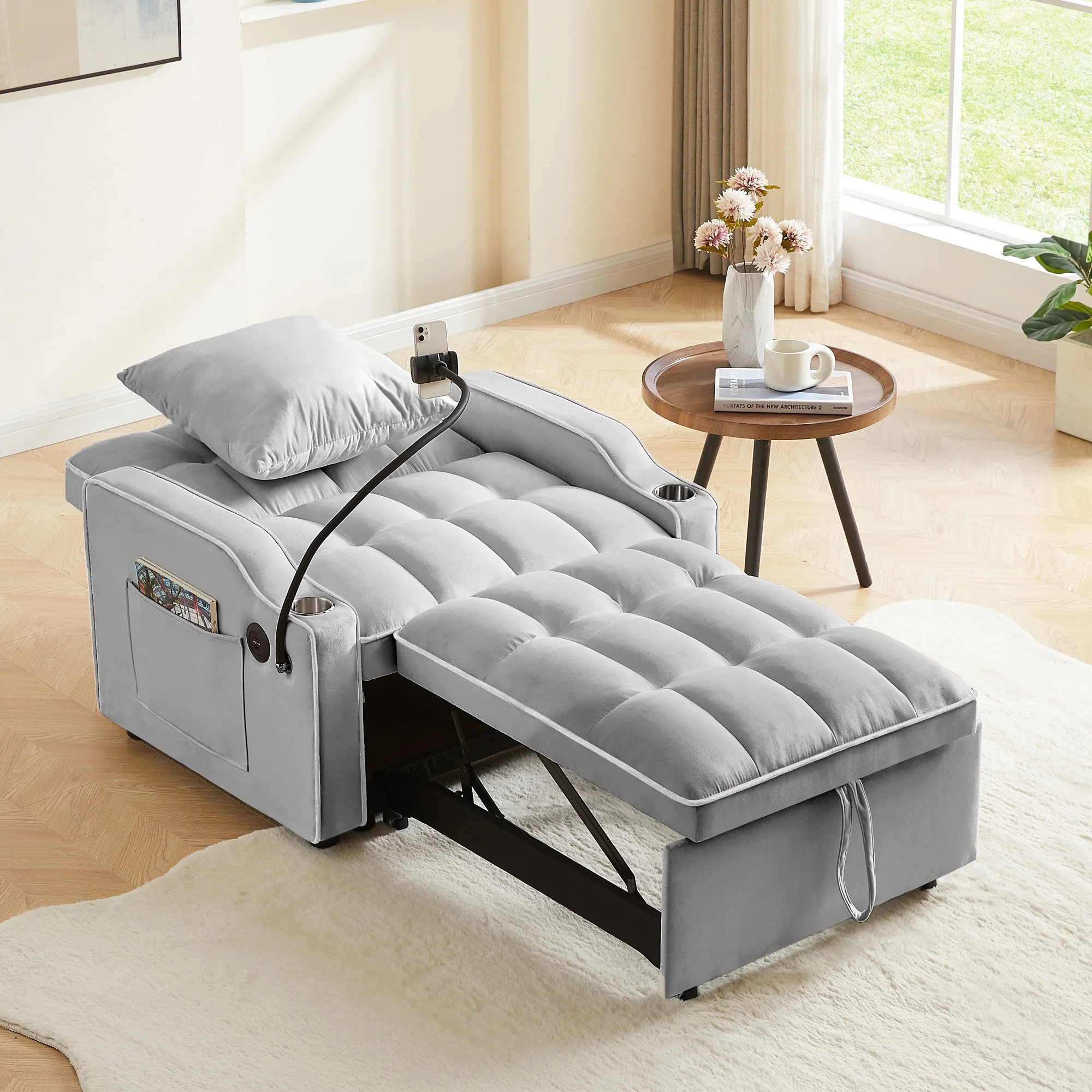 Aukfa Sleeper Chair Bed, Convertible Pull Out Sofa Bed with USB Port, Cup Holders and Swivel Phone Holder, Gray