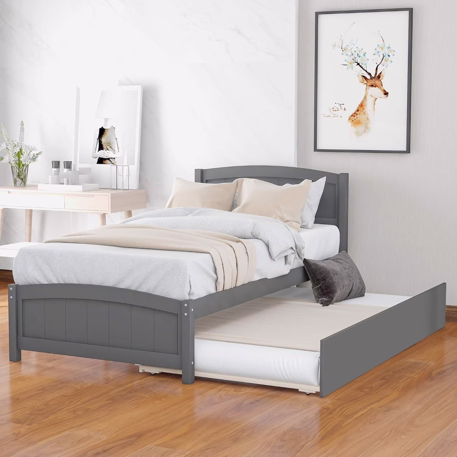 Size Platform Bed With Trundle, Solid Wood Bed Frame With Headboard, Pull Out Trundle Bed With Slat Supports For Teens, Adults, No Box Spring Needed (Grey)