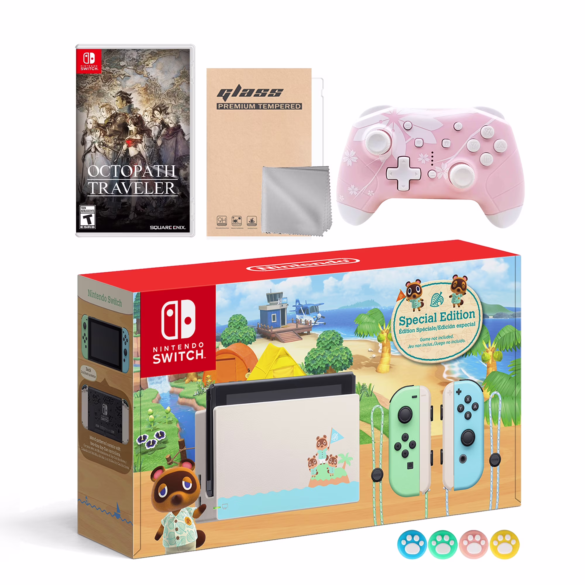 Nintendo Switch Animal Crossing Special Version Console Set, Bundle With Octopath Traveler And Mytrix Wireless Switch Pro Controller and Accessories