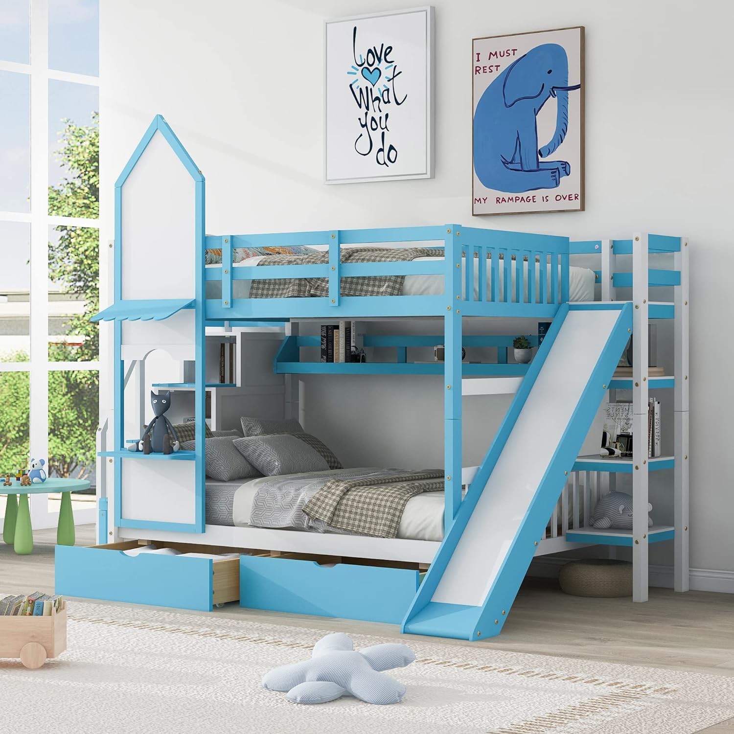 Kids Low Bunk Bed With Slide, Full-Over-Full Wooden Castle Shape Bunk Bed With Storage Drawers And Shelves, Full Floor Bunk Bed For Boys Girls Bedroom Dorm(Blue)