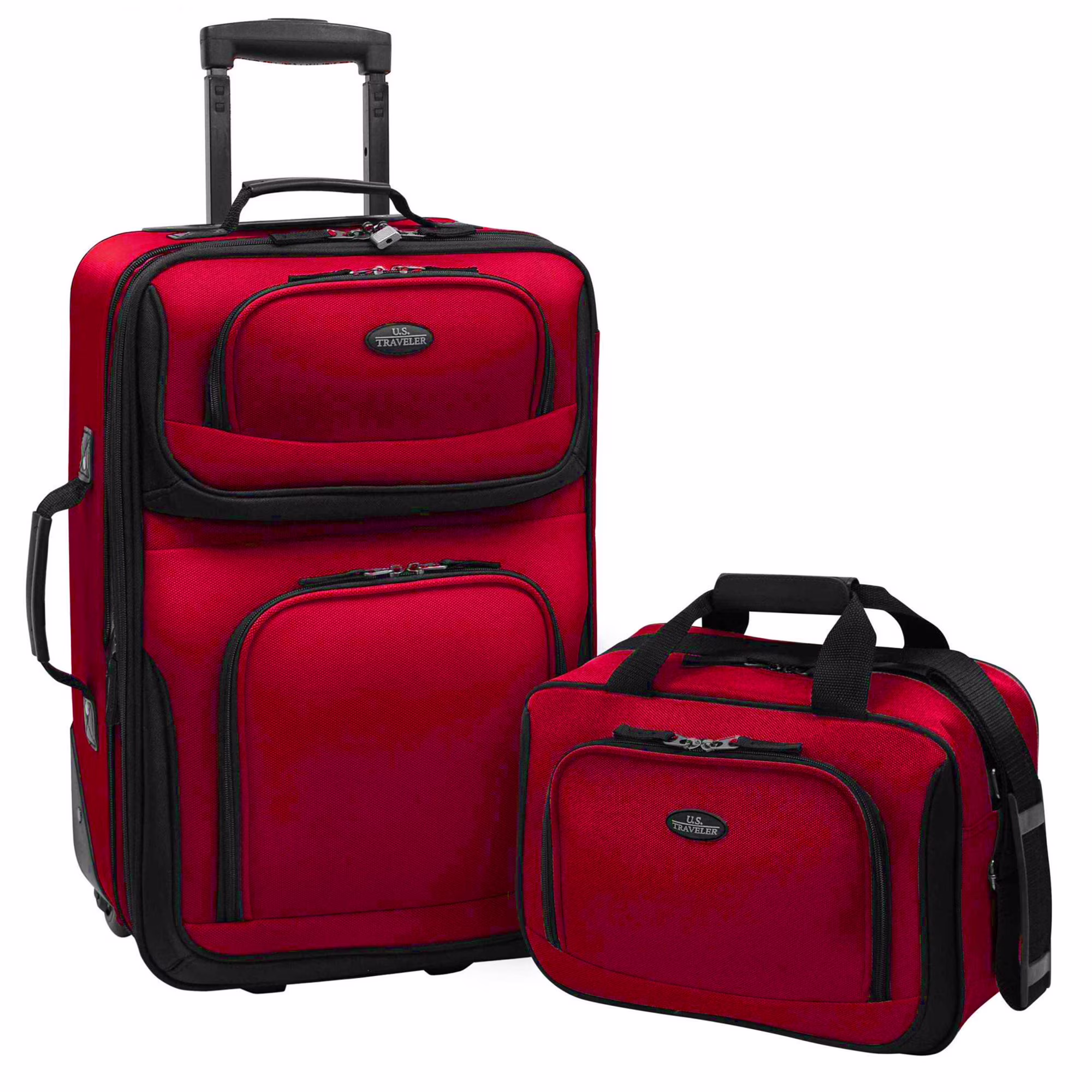 U.S. Traveler Rio Rugged Fabric Expandable Carry-on Luggage, 2 Wheel Rolling Suitcase, Red, 2-Piece