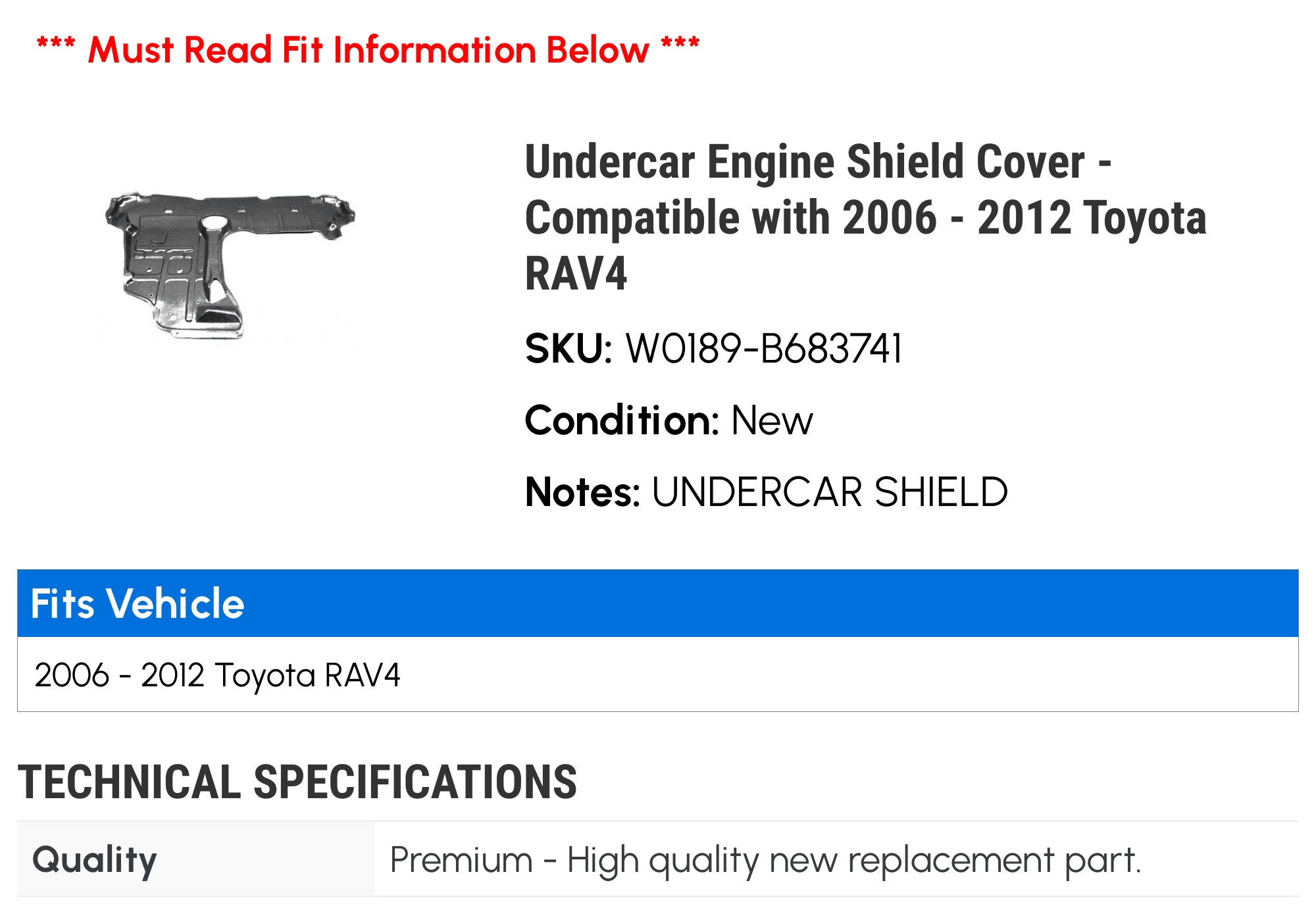 Undercar Engine Shield Cover - Compatible with 2006 - 2012 Toyota RAV4 2007 2008 2009 2010 2011