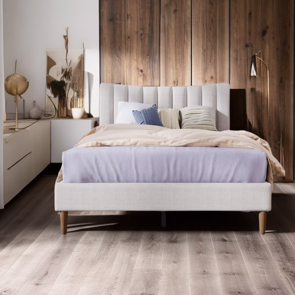Upholstered Platform Bed Frame with Vertical Channel Tufted Headboard, No Box Spring Needed, Full