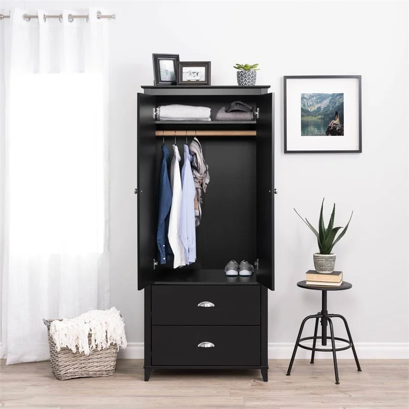 Home Square 3-Piece Set with 2 2-Drawer Nightstands & Wardrobe Armoire in Black