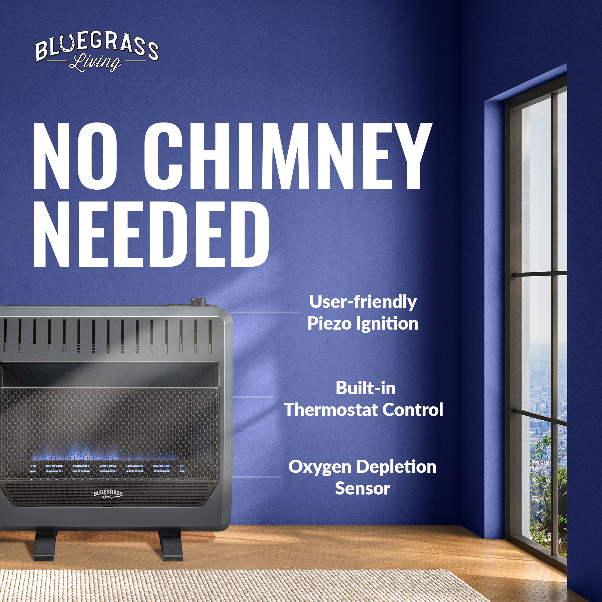 Bluegrass Living Propane Gas Vent Free Blue Flame Gas Space Heater With Blower and Base Feet - 30,000 BTU, T-Stat Control - Model# B30TPB-BB