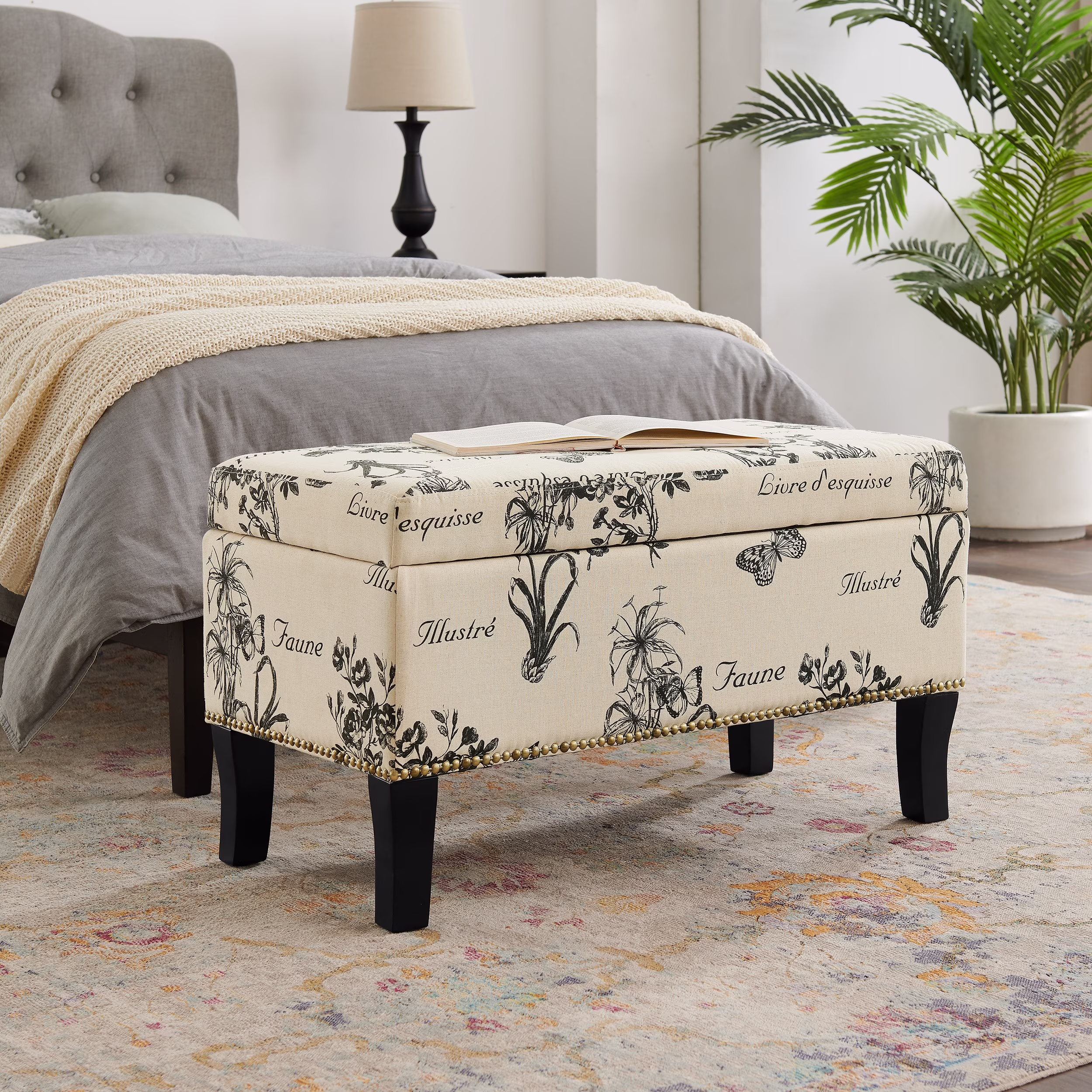 Linon Stephanie Storage Ottoman Bench, Botanical Linen Fabric
