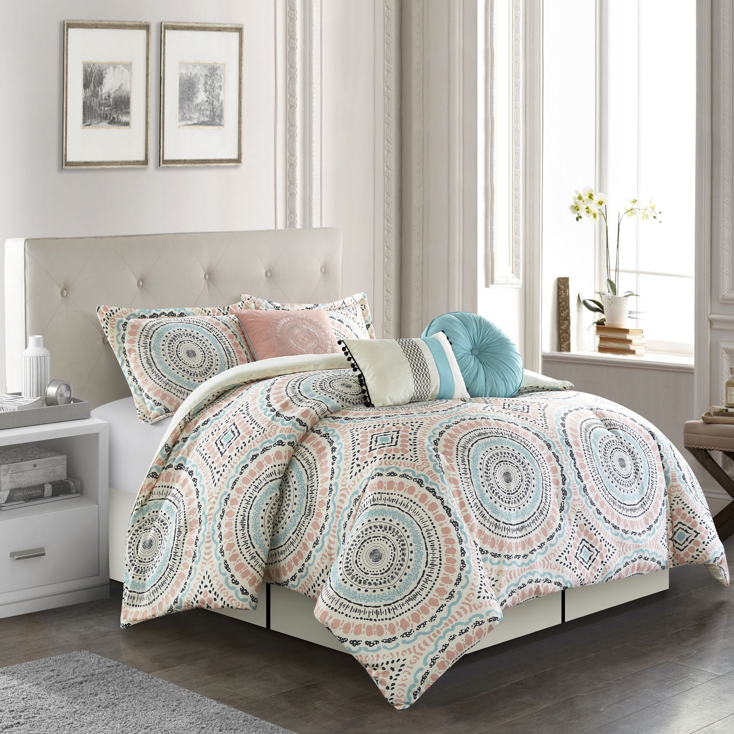 Nanshing Mallory 7 Piece Pastel Medallion Prints Comforter Set, Off-White/Pink/Blue, Queen