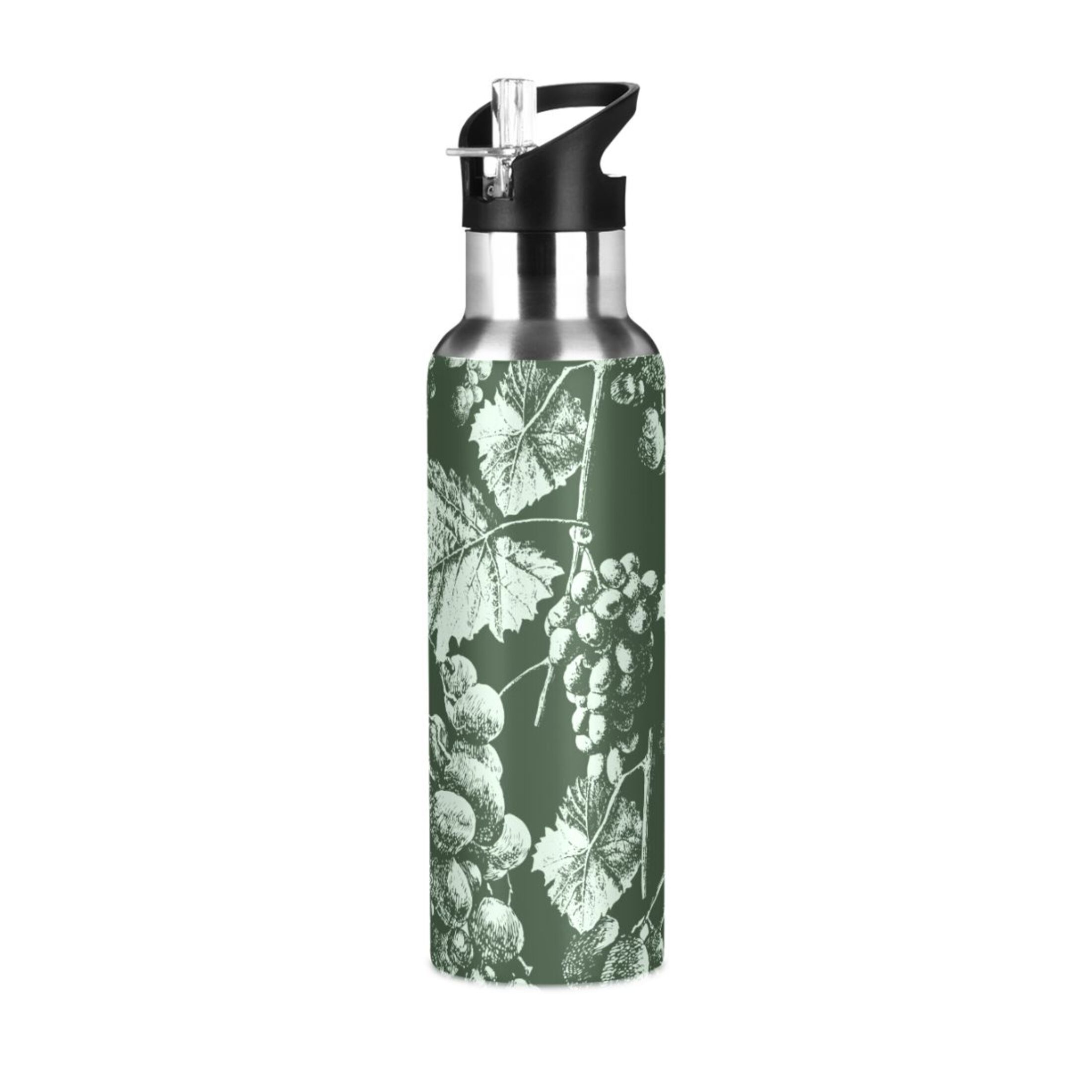 Stainless Steel Water Bottle Grunge Grapes and Leaves Green with Straw Lid Vacuum Insulated Leak Proof Flask Jug for Gym Travel Sports Cycling Outdoor 20 OZ