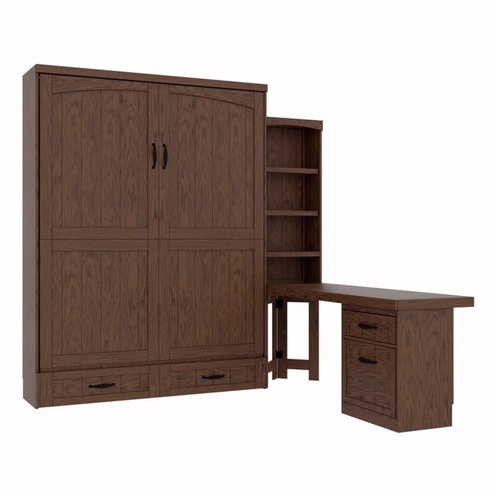 Pemberly Row Cape Cod Solid Wood Queen Size Murphy Bed with Desktop in Brown