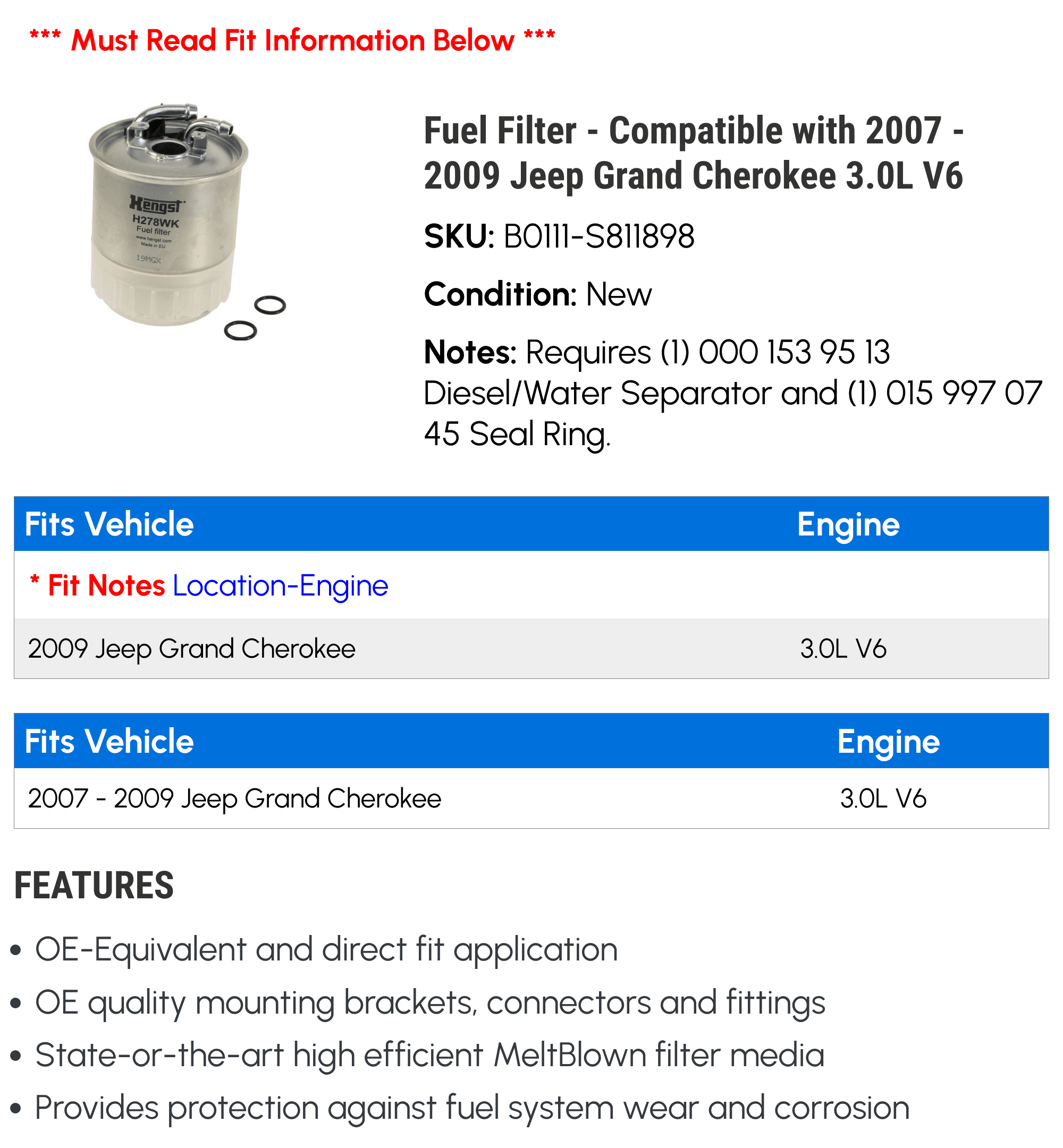 Fuel Filter - Compatible with 2007 - 2009 Jeep Grand Cherokee 3.0L V6 2008