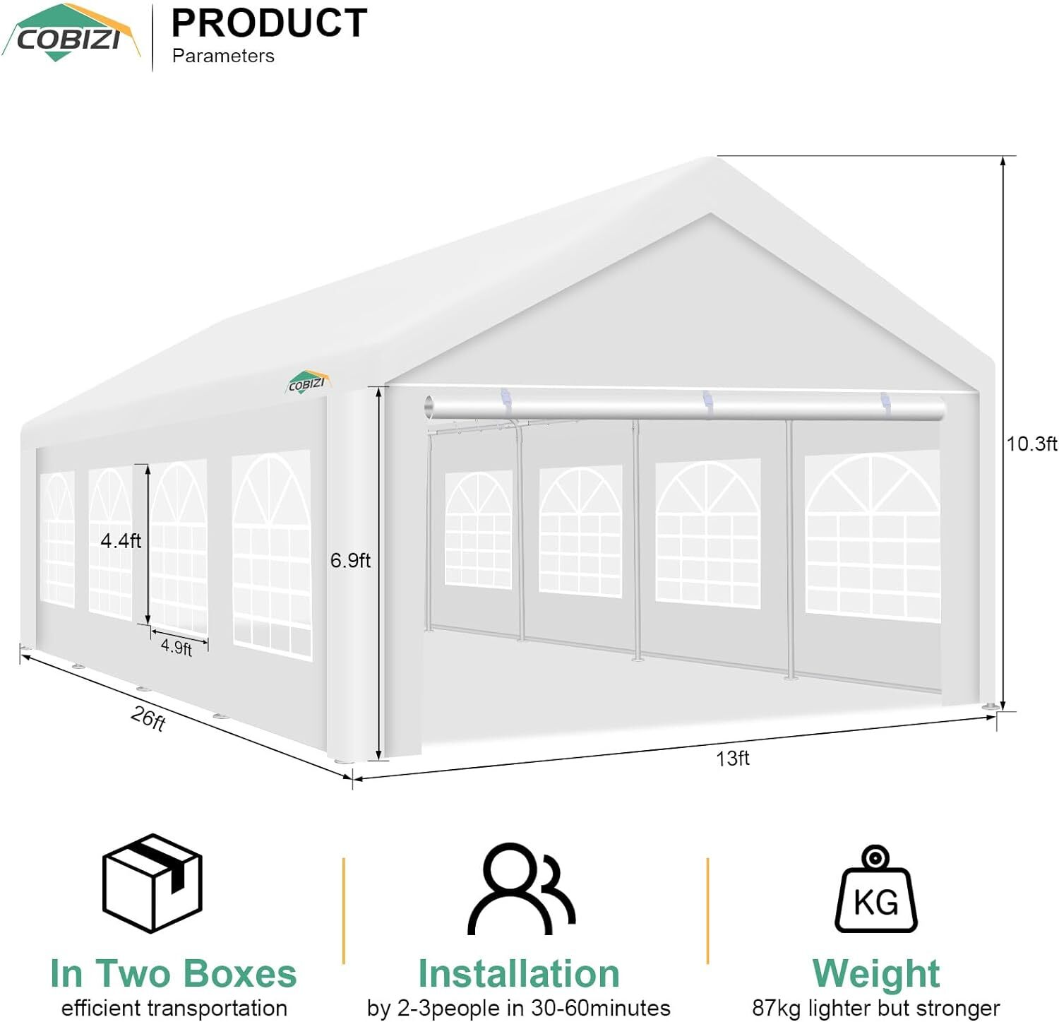 COBIZI 13x26 Heavy Duty Canopy Tent, Party Wedding Tent with Removable Sidewalls, 100% Waterproof Commercial Canopy Tent, UV 50+ White Event Shelter,Outdoor Gazebo with Built-in Sandbags, White