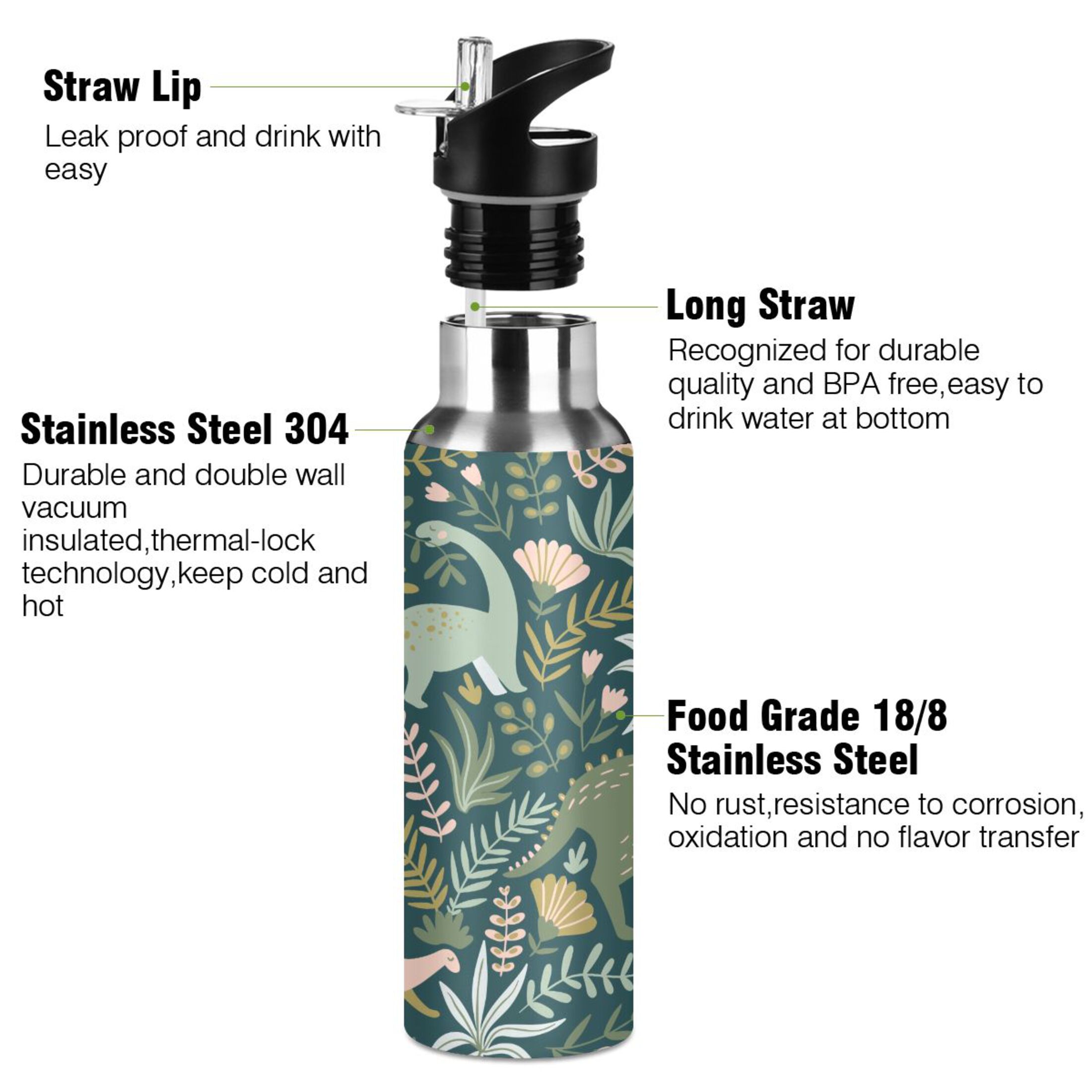 Water Bottle with Straw Lid Leak Dinosaur Green Stainless Steel Insulated Thermos Vacuum Flask for Cold Hot Drinking for Sports Camping Gym Yoga