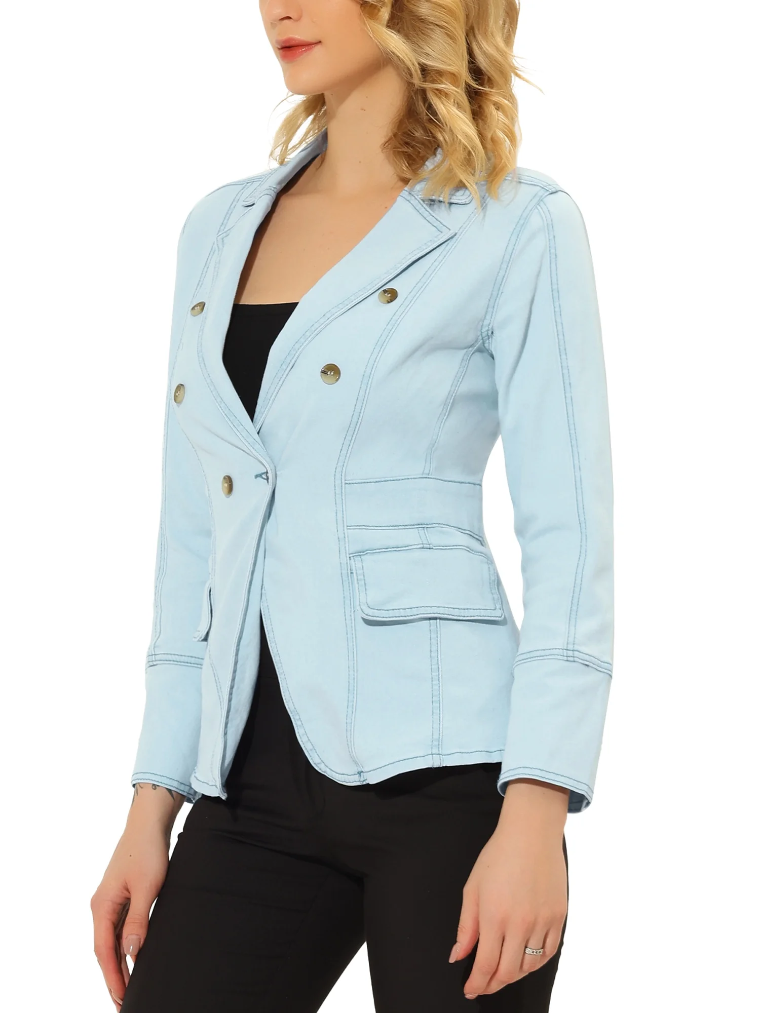 Unique Bargains Women's Lapel Jeans Blazer Long Sleeve Denim Jacket w Pockets XS Light Blue