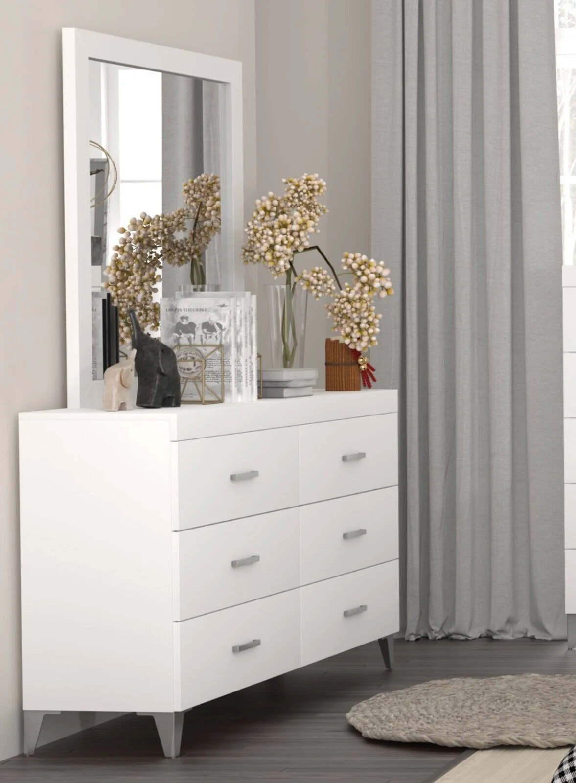 White Finish Stylish Bedroom 4pc Set Eastern King Bed Button-Tufted LED Headboard Nightstand Dresser Mirror