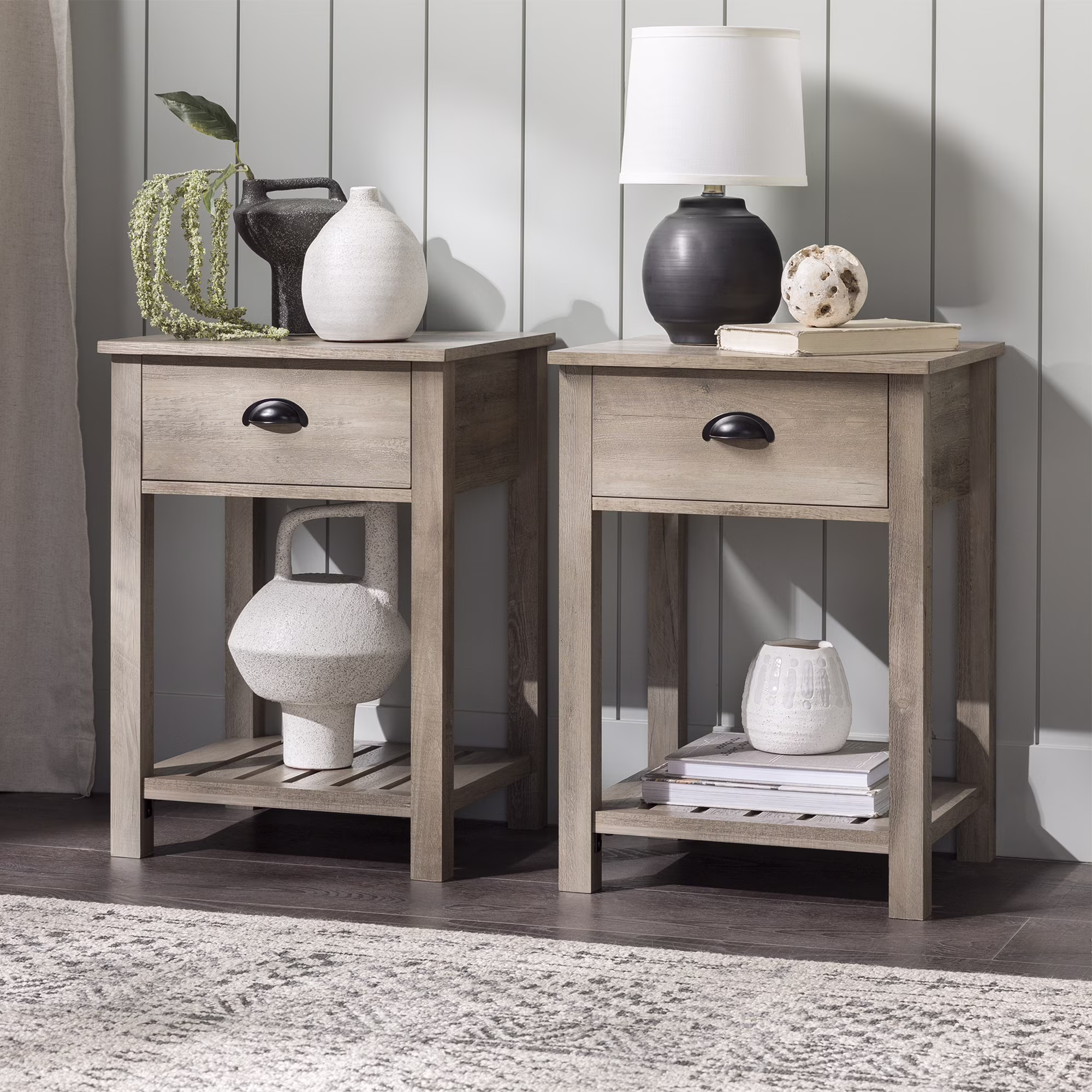 Walker Edison Modern Farmhouse 1 Drawer End Table, Set of 2, Grey Wash