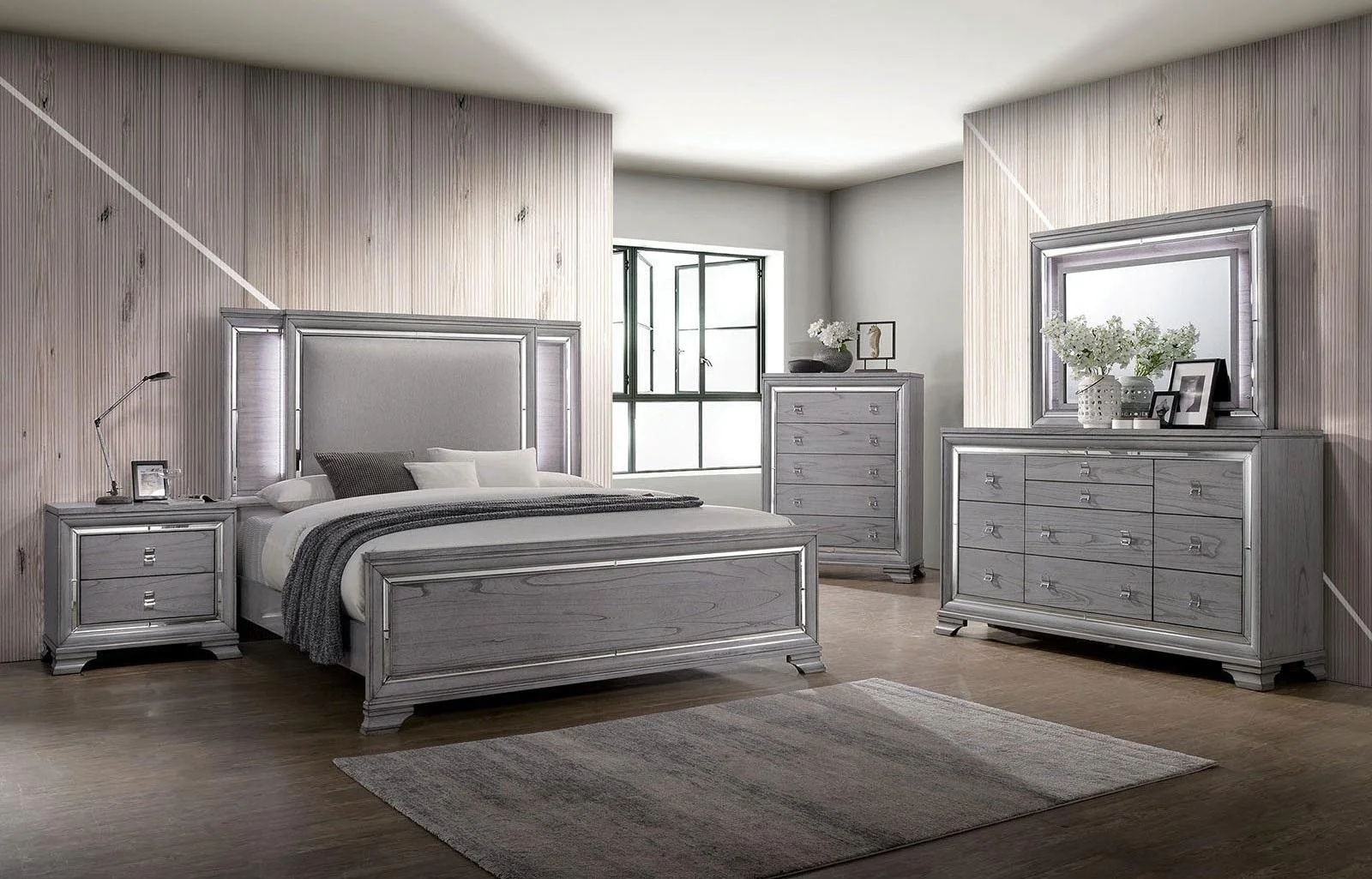 Contemporary Light Gray Solid Wood King Bedroom Set 5pcs FOA CM7579 Alanis