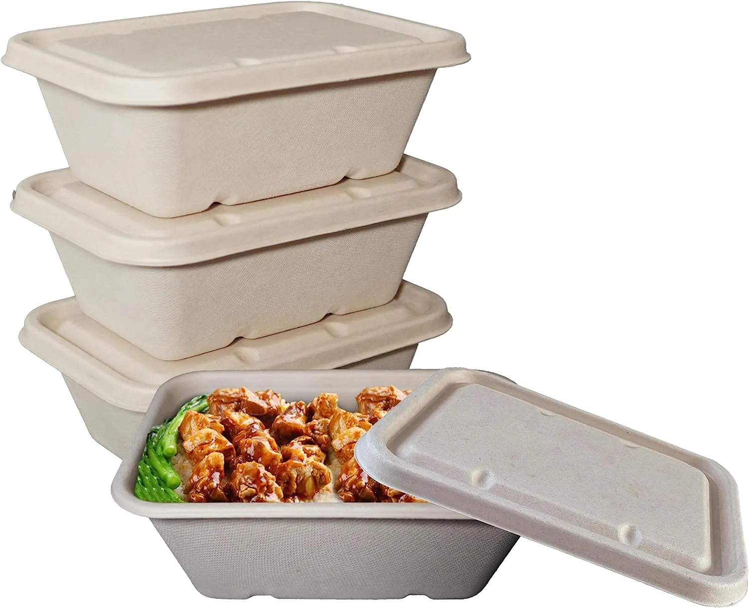 (25 Pack) EcoQuality 34oz Disposable Bowls with Fiber Lids - Rectangular Compostable Sugarcane Fiber Biodegradable Paper Bowls Eco-Friendly Take Out Food Storage Containers, Microwave Safe, Meal Prep
