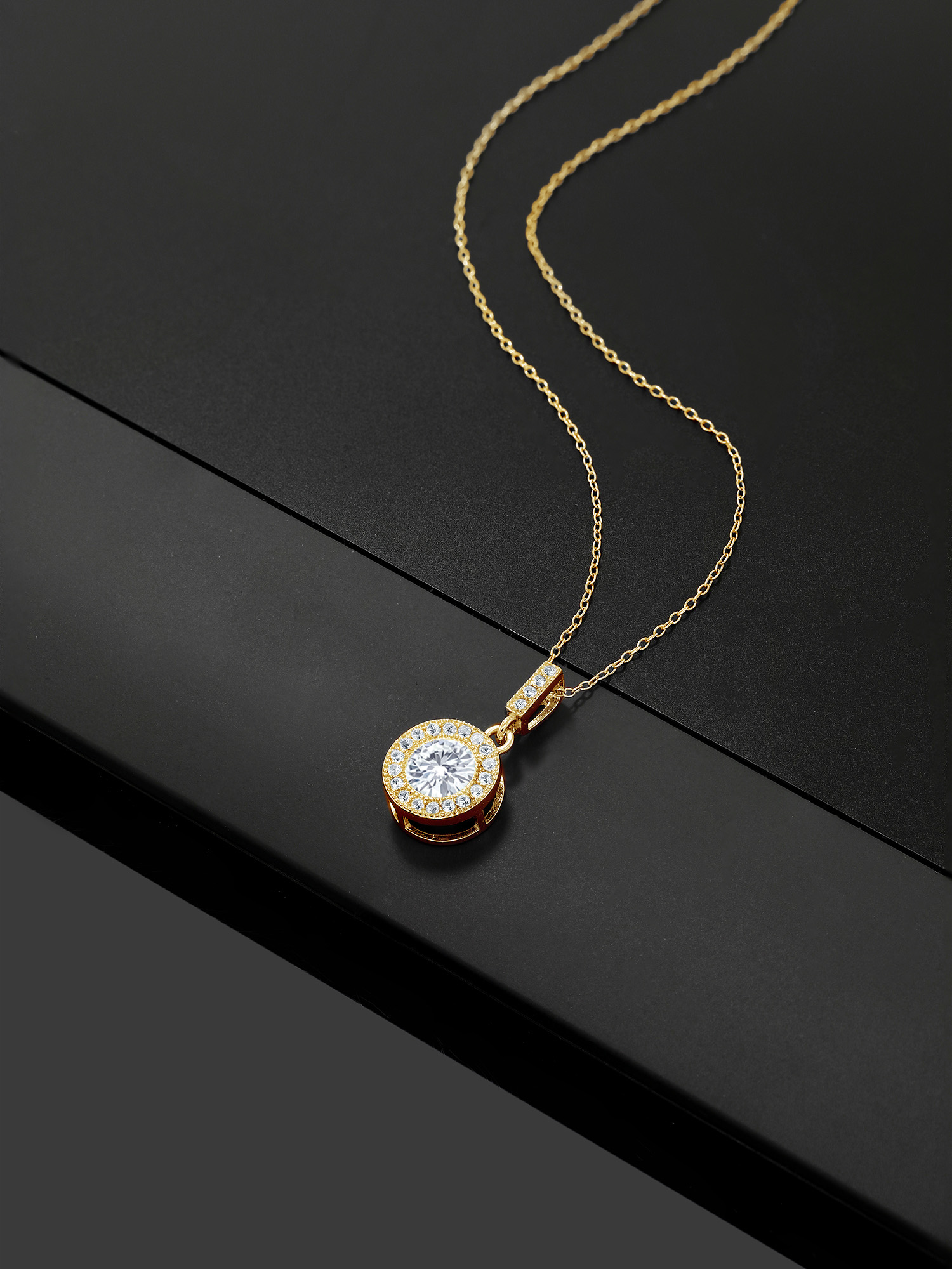 Gem Stone King 18K Yellow Gold Plated Silver Round White Moissanite and Created Sapphire Pendant with Chain (1.14 Cttw)