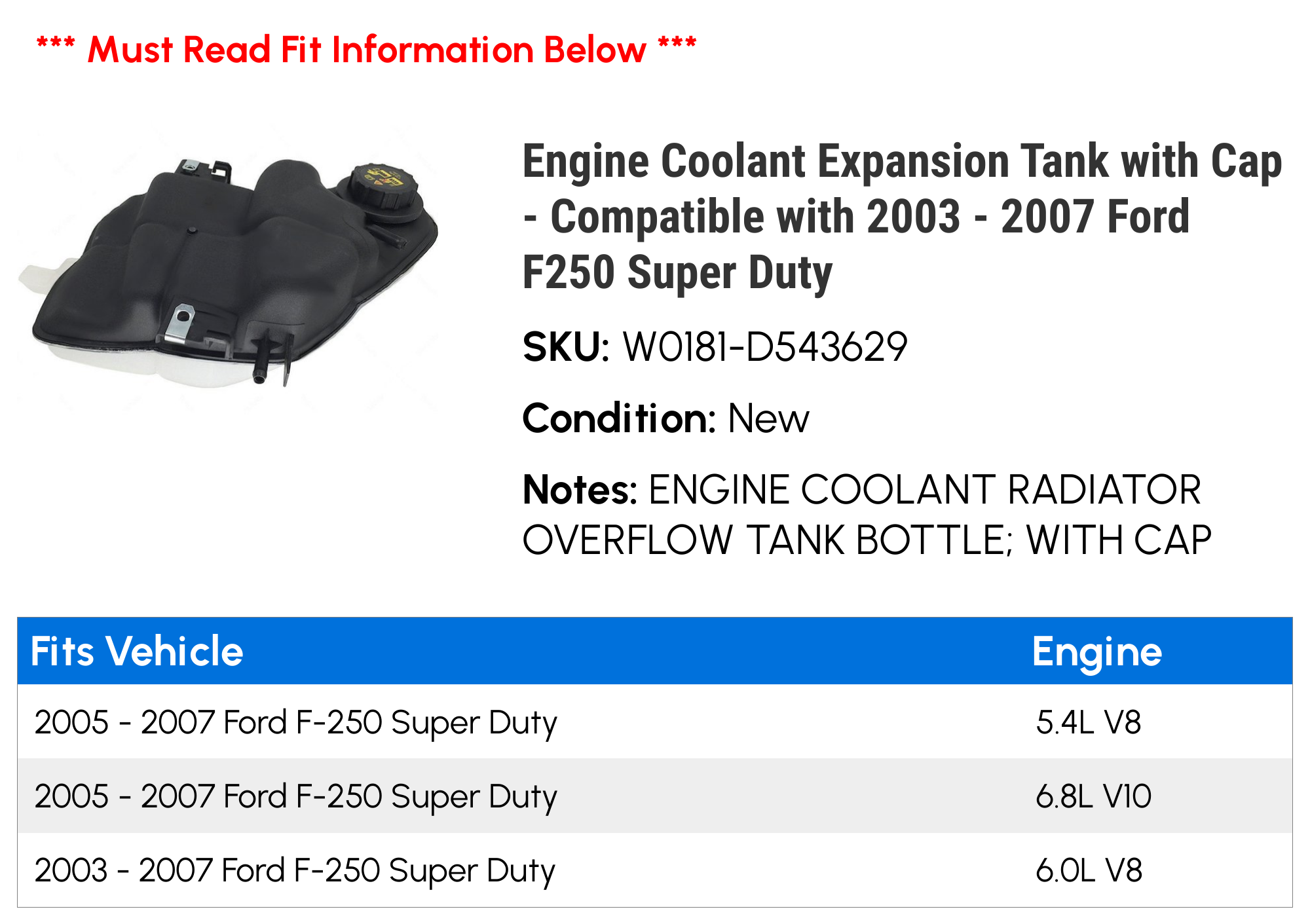 Engine Coolant Expansion Tank with Cap - Compatible with 2003 - 2007 Ford F250 Super Duty 2004 2005 2006