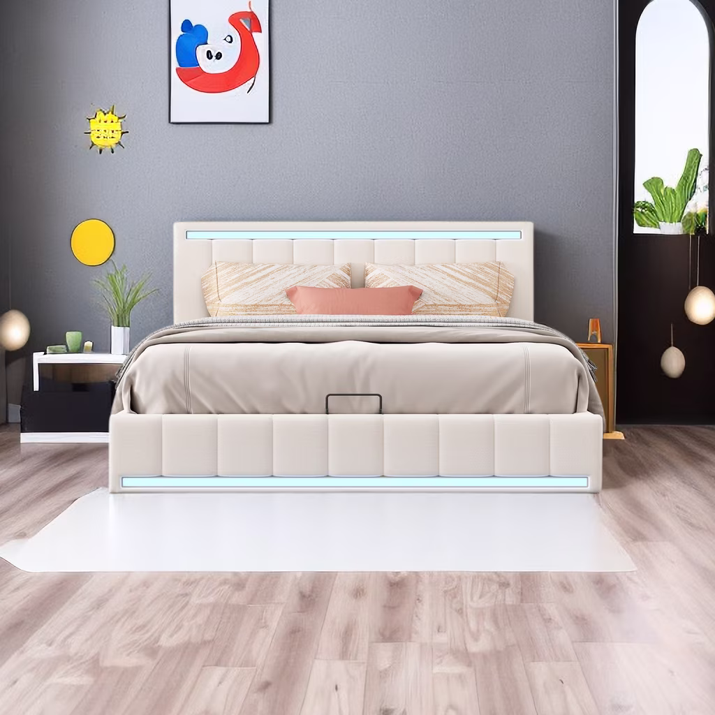 Queen Size Upholstered Platform Bed with Hydraulic Storage System, LED Light, and a Set of USB Ports and Sockets, Linen Fabric