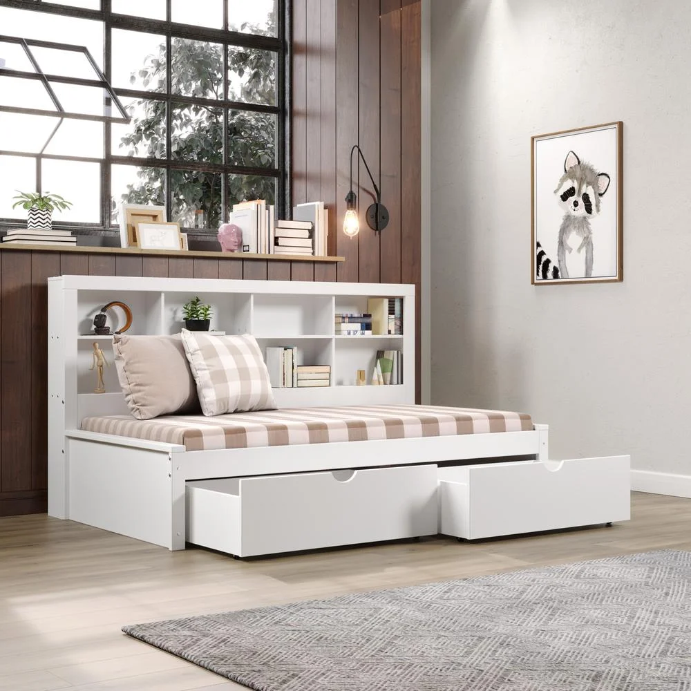 Twin Bookcase Day Bed in White w/ Dual Under Bed Drawers
