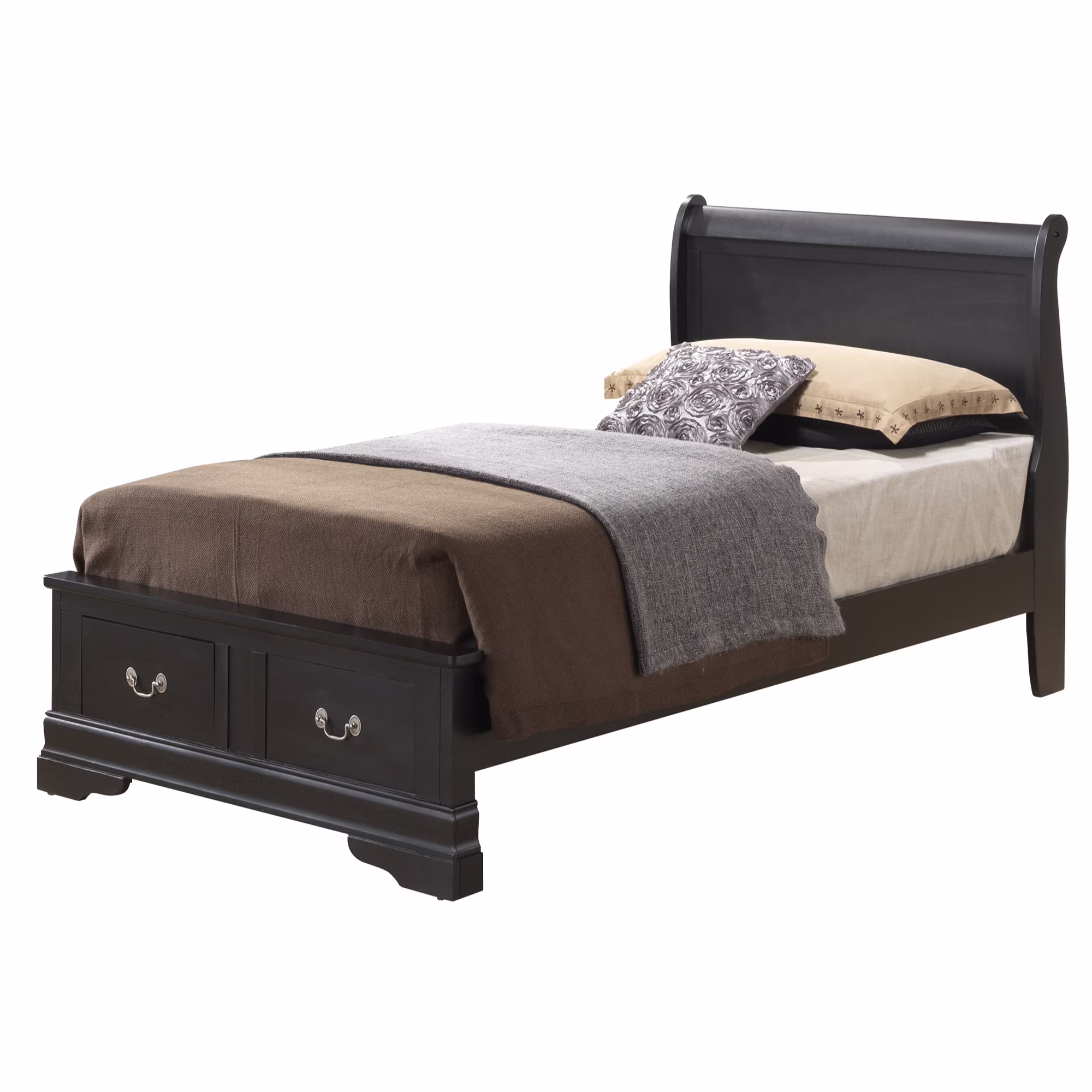 Passion Furniture  44 x 84 x 41 in. Louis Philippe Storage Sleigh Bed, Black - Twin Size