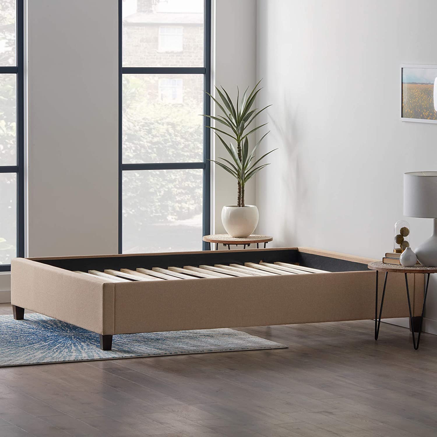 YGDU Upholstered Platform Bed with Slats – Wood Construction – Linen Inspired Fabric – No Box Spring Required – Compatible with Adjustable Bases