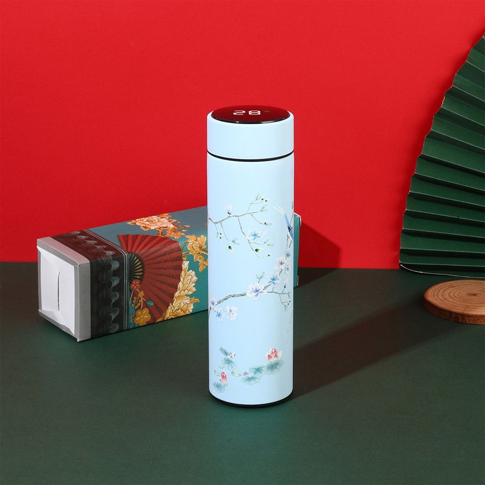 Creative Temperature measurement Vacuum Flasks Miniature Water Bottle Premium Travel  Mug Chinese Style Intelligent Temperature Display Thermos cup BLUE