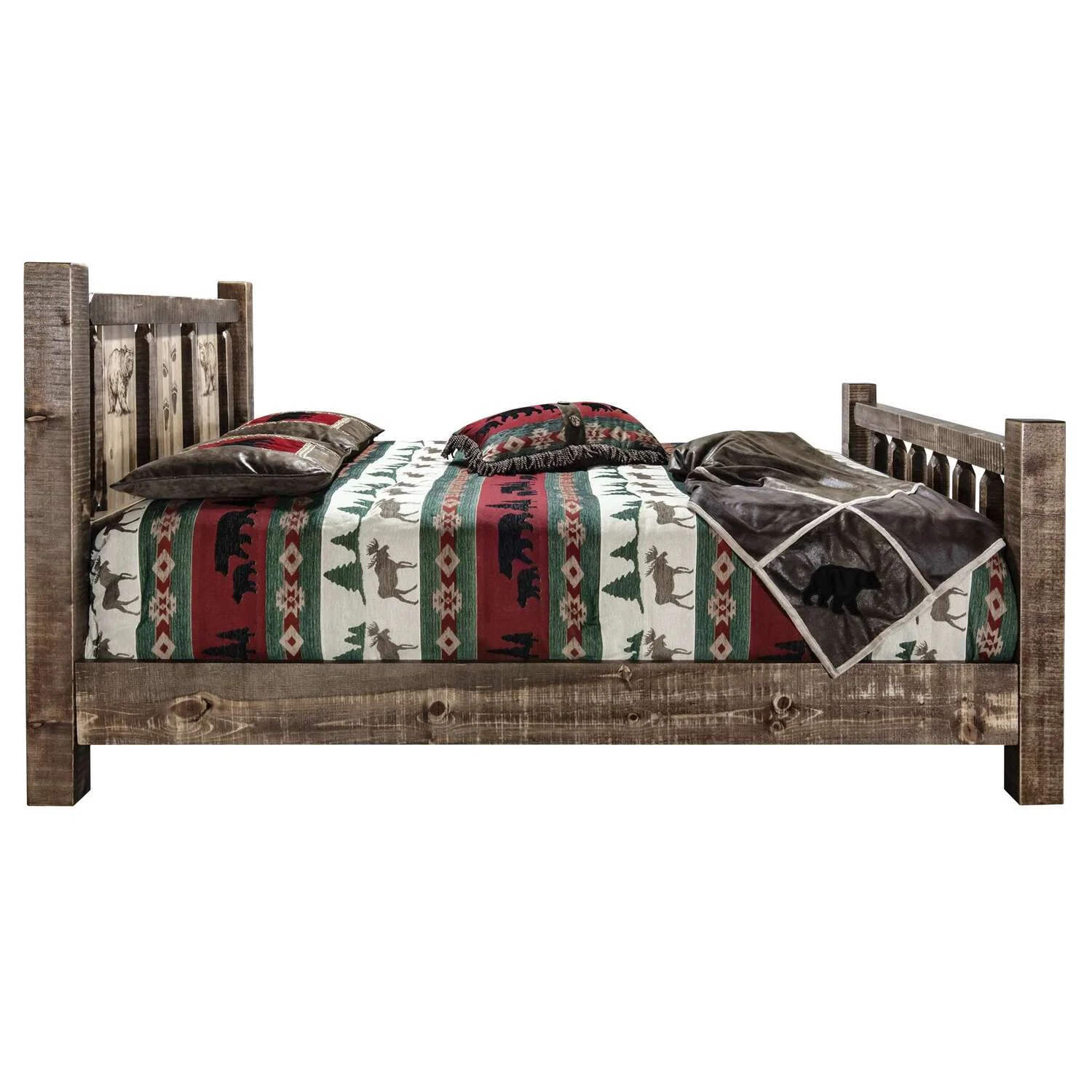 Homestead Collection Full Bed w/ Laser Engraved Bear Design, Stain & Clear Lacquer Finish