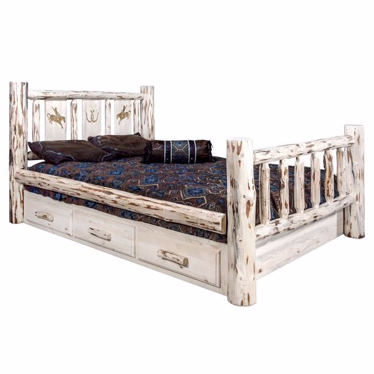 Montana Woodworks Wood Twin Storage Bed with Engraved Bronc Design in Natural