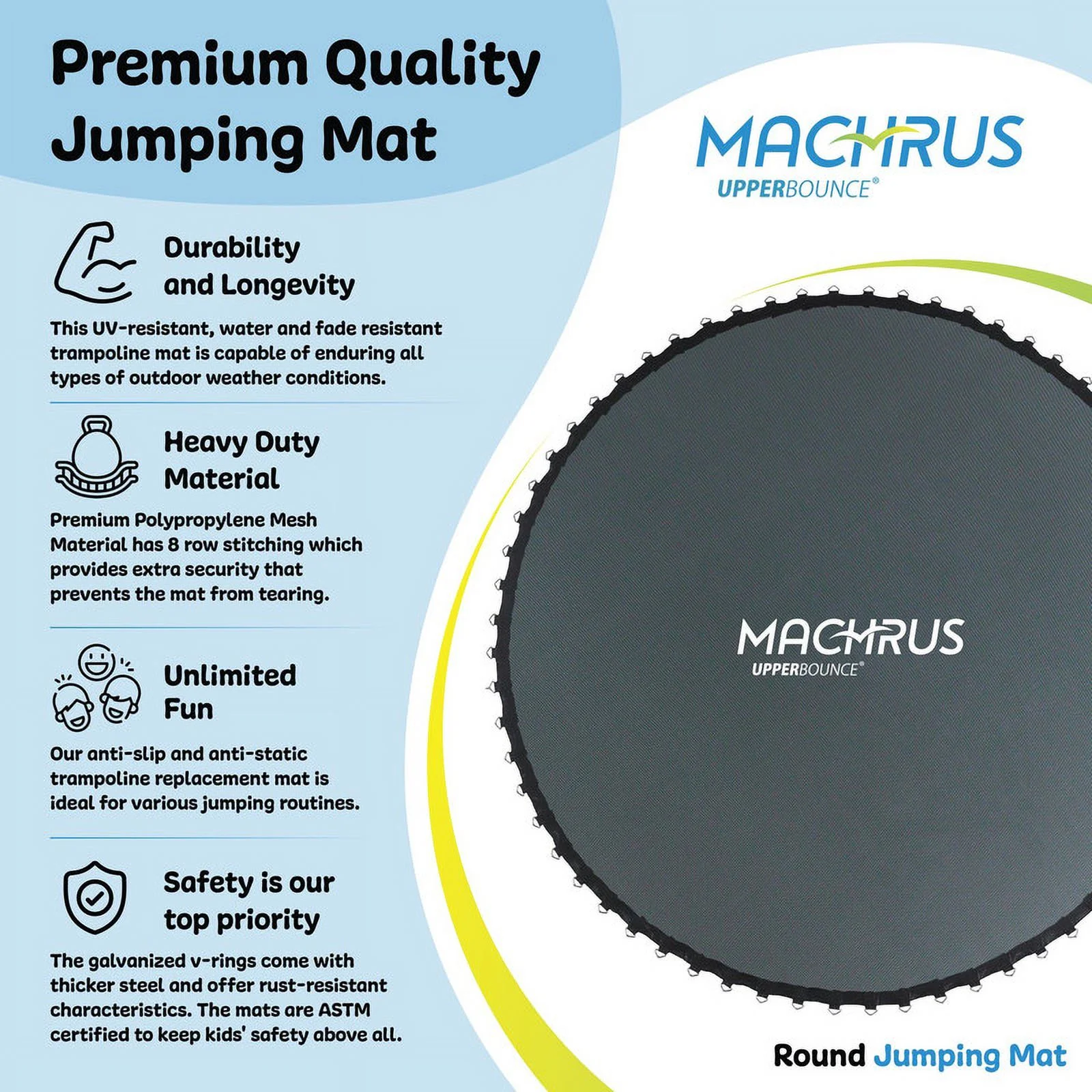 Machrus Upper Bounce Trampoline Replacement Mat with Sturdy 54 V-Rings - Jumping Mat Compatible with 9ft Round Frame & 5.5