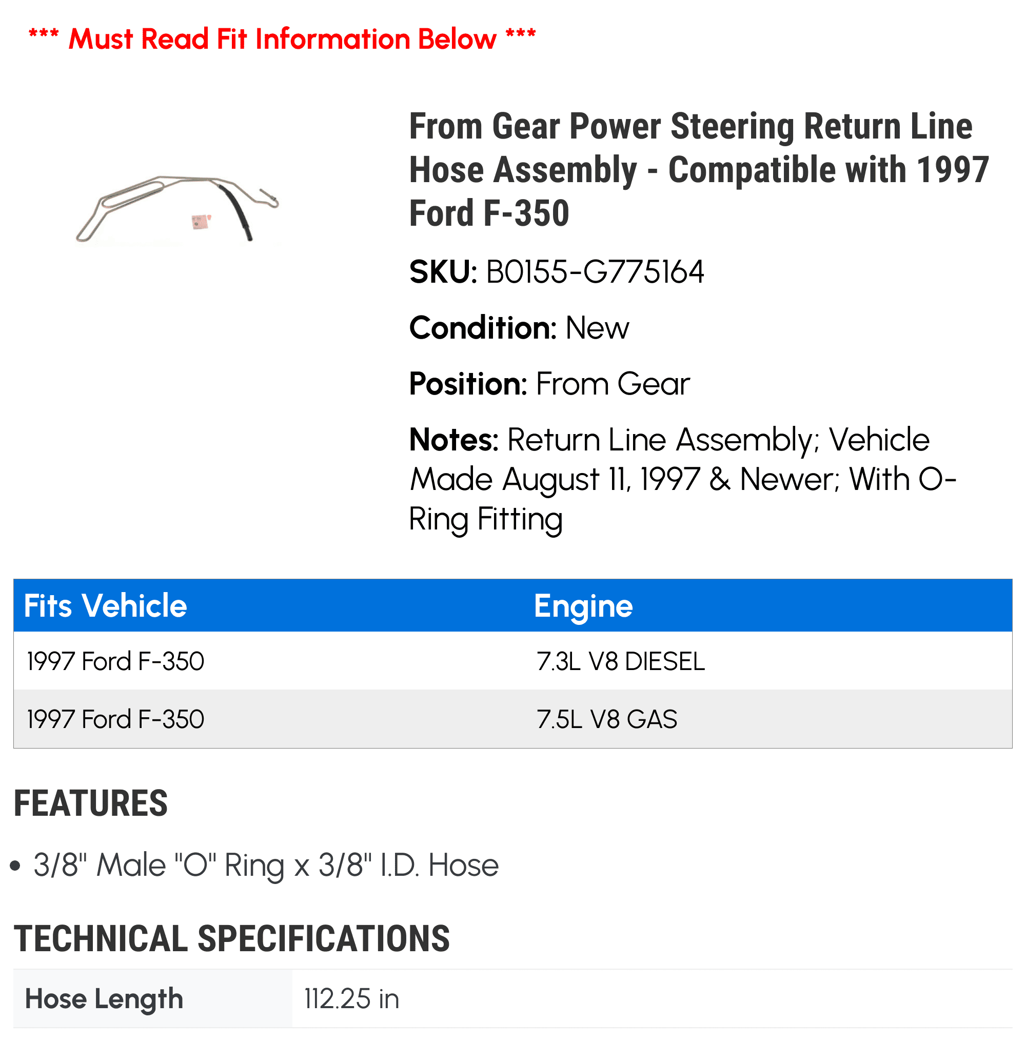 From Gear Power Steering Return Line Hose Assembly - Compatible with 1997 Ford F-350