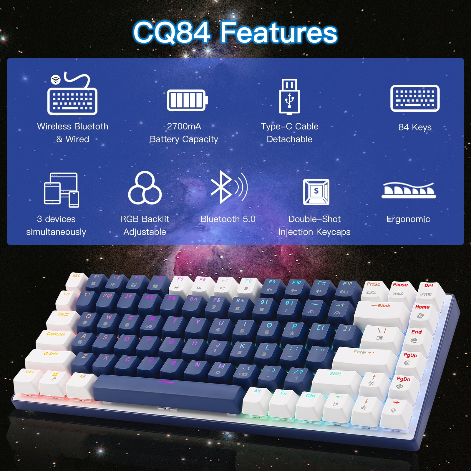 CQ84 Wireless Mechanical Gaming Keyboard, Compact 84 Keys, Programmable RGB Backlight, 60% Keyboard, Blue and White Keycaps for Ipad, Android/Windows Tablet, Desktop, PC Gamer(Blue Switch)