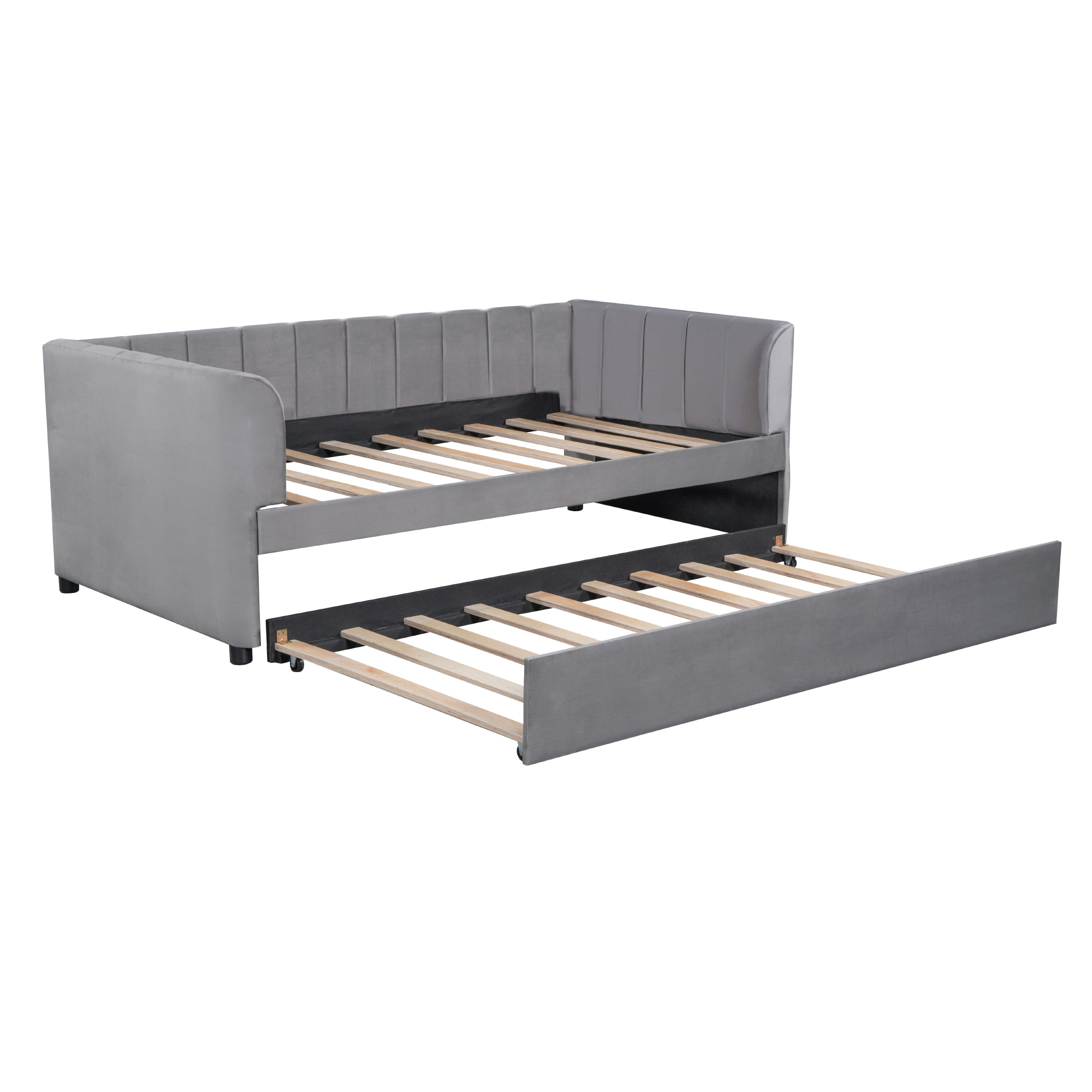 Twin Upholstered Daybed with Trundle & Ergonomic Backrest, Gray - Fits Twin Mattress