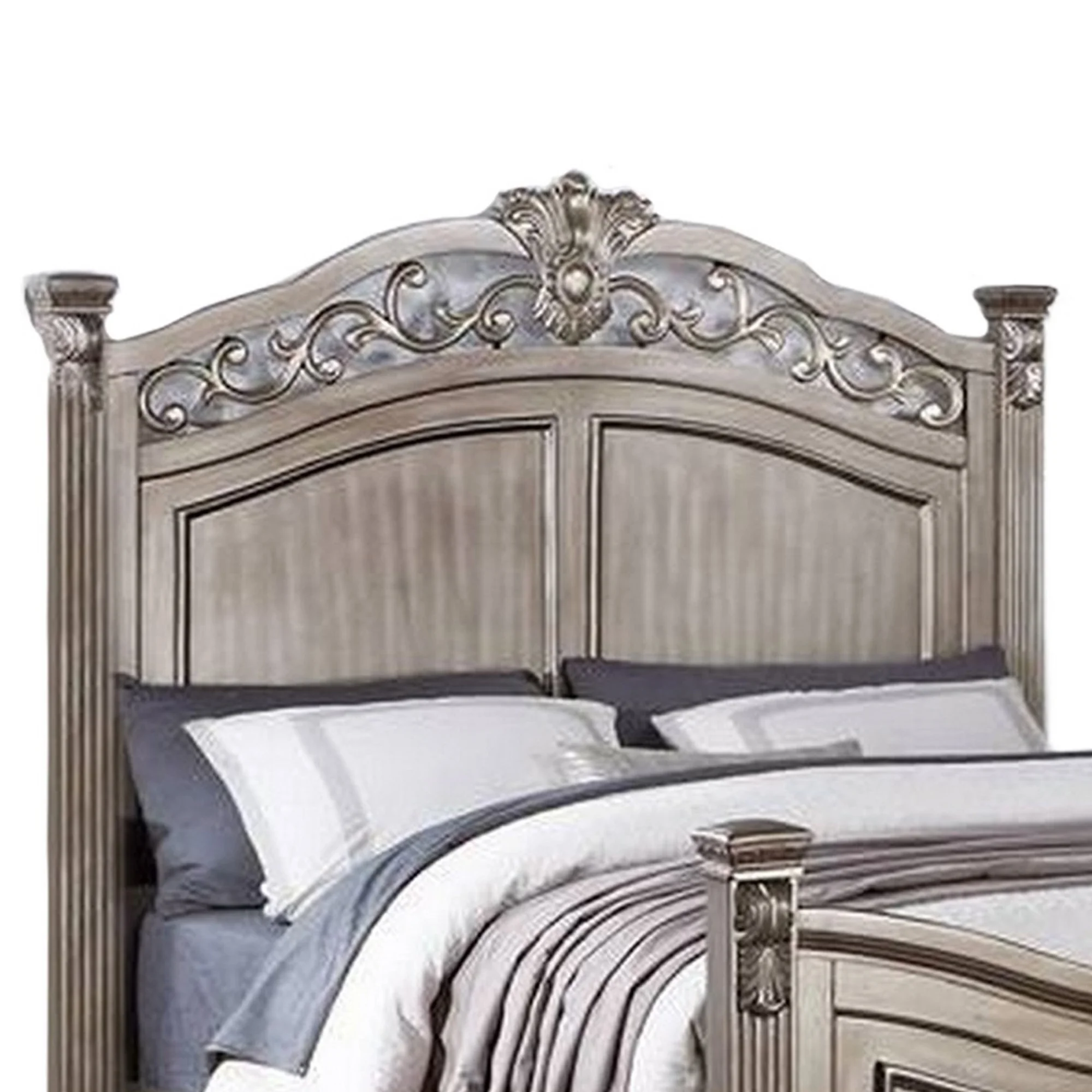 Benjara Aza Traditional Wood California King Bed, Leaf Carvings, Champagne Gold