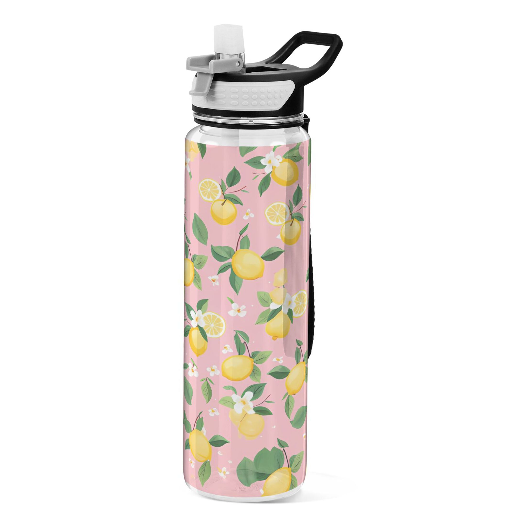Lemon Leaves Flowers 32oz Water Bottles with Straw Tritan Leakproof Sports Bottle BPA Free Clear for Fitness Gym Swimming Cycling