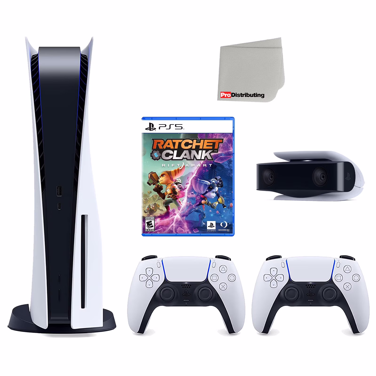 Sony Playstation 5 Disc Version Console with Extra White Controller, 1080p HD Camera and Ratchet & Clark: Rift Apart Bundle with Cleaning Cloth