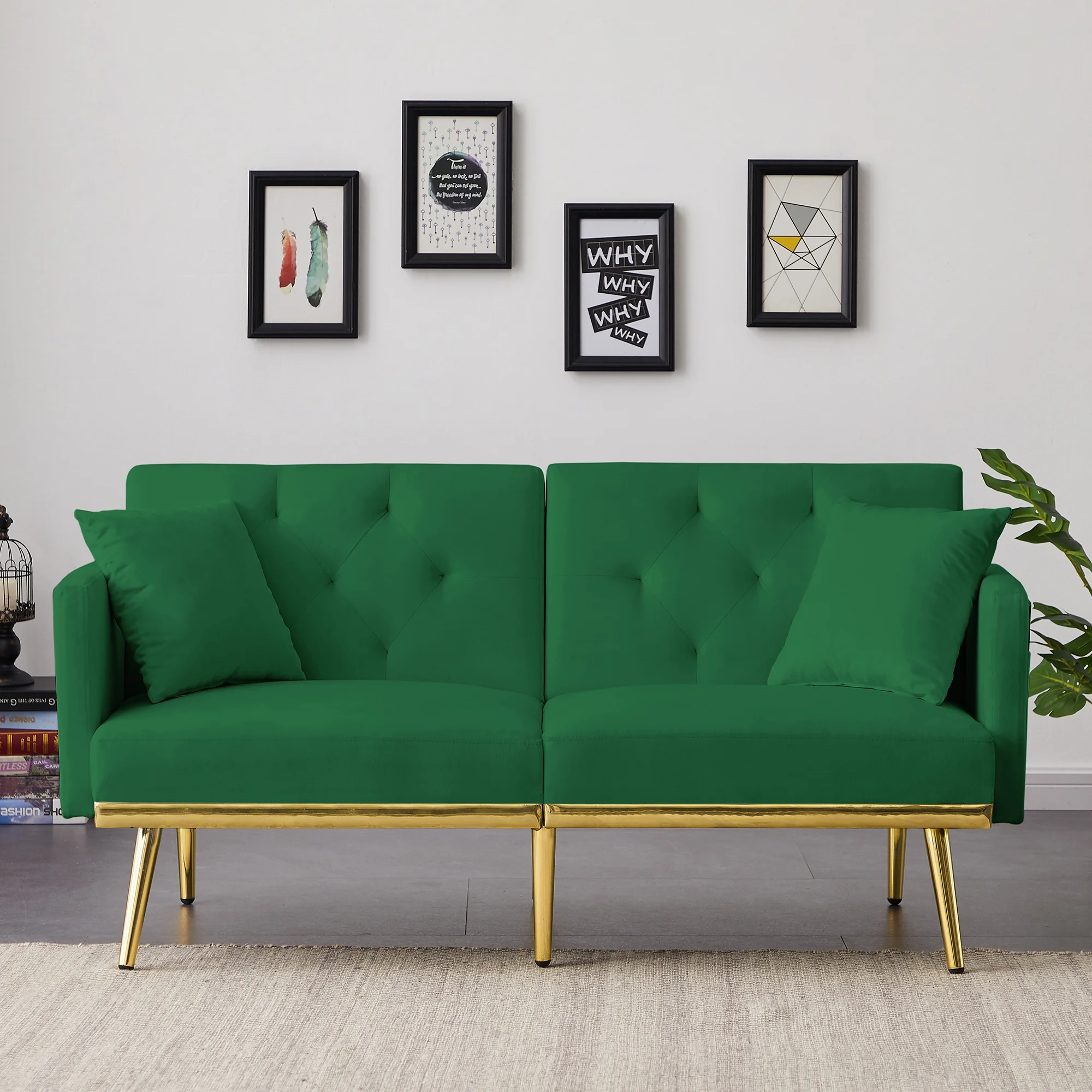Hombay Velvet Convertible Sofa Bed Folding Sleeper Couch Loveseat with Pillows Gold Metal Legs