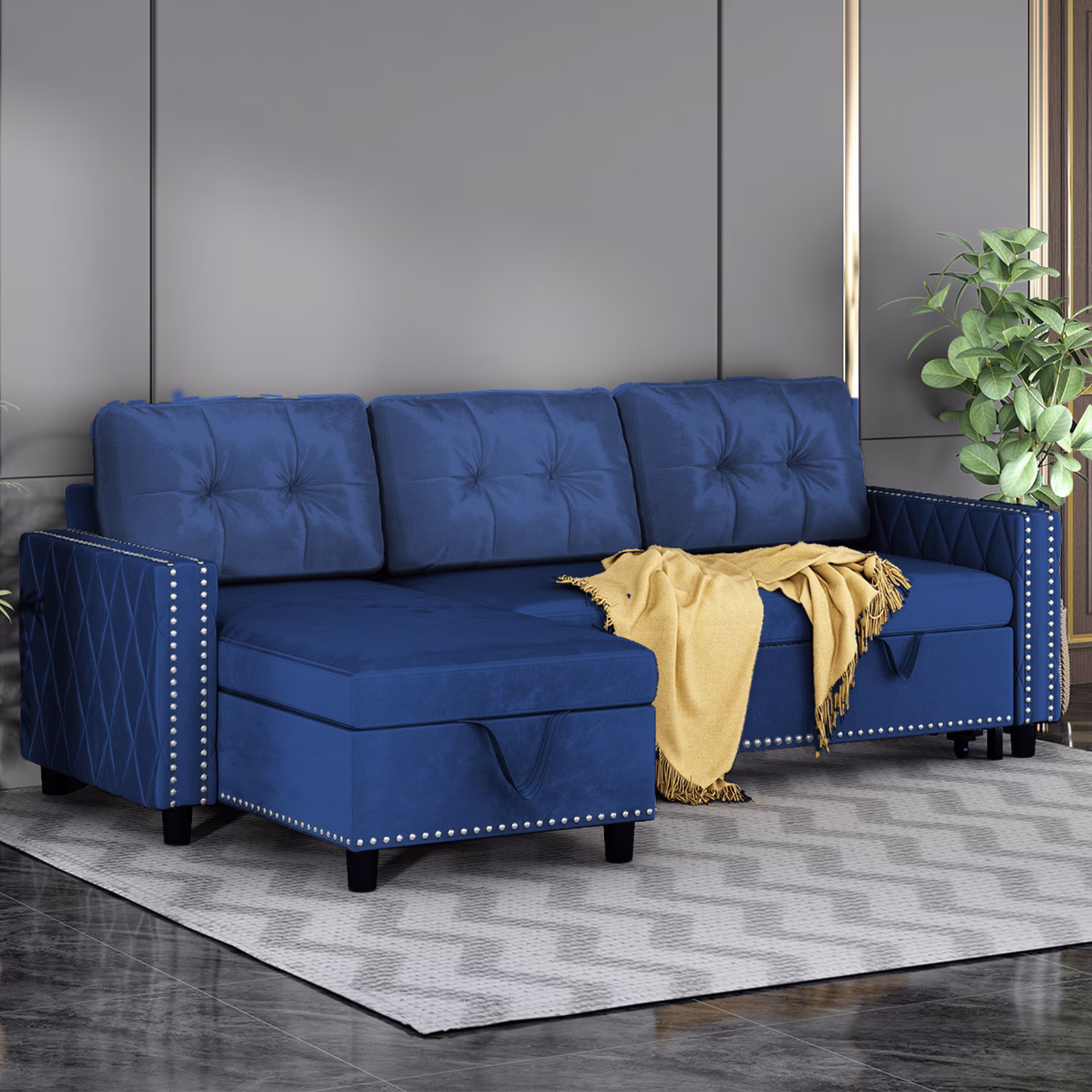 BALUS Reversible Sectional Sleeper Sofa with Storage Chaise, Velvet Upholstered L-Shape Sleeper Sectional Sofa Couch, Pull Out Sofa Bed Couch for Living Room, Office and Small Apartment (Blue)
