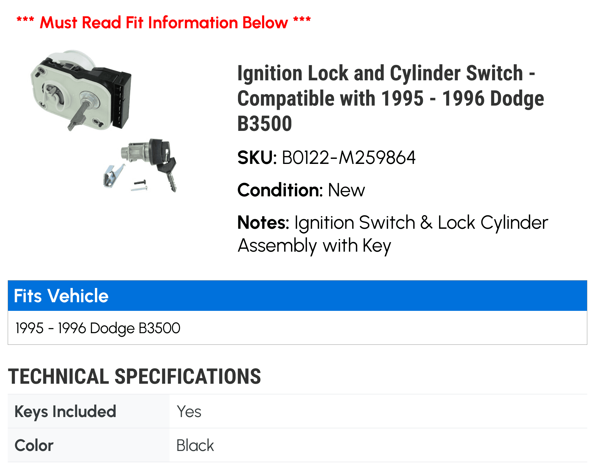 Ignition Lock and Cylinder Switch - Compatible with 1995 - 1996 Dodge B3500