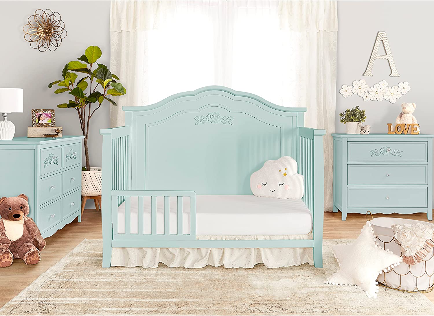 SweetPea Baby Rose 4-in-1 Convertible Crib in Seafoam Green, Baby Crib with Spindles, Greenguard Gold Certified, Easy Assembly, Sustainable New Zealand Pinewood Sea Foam Green