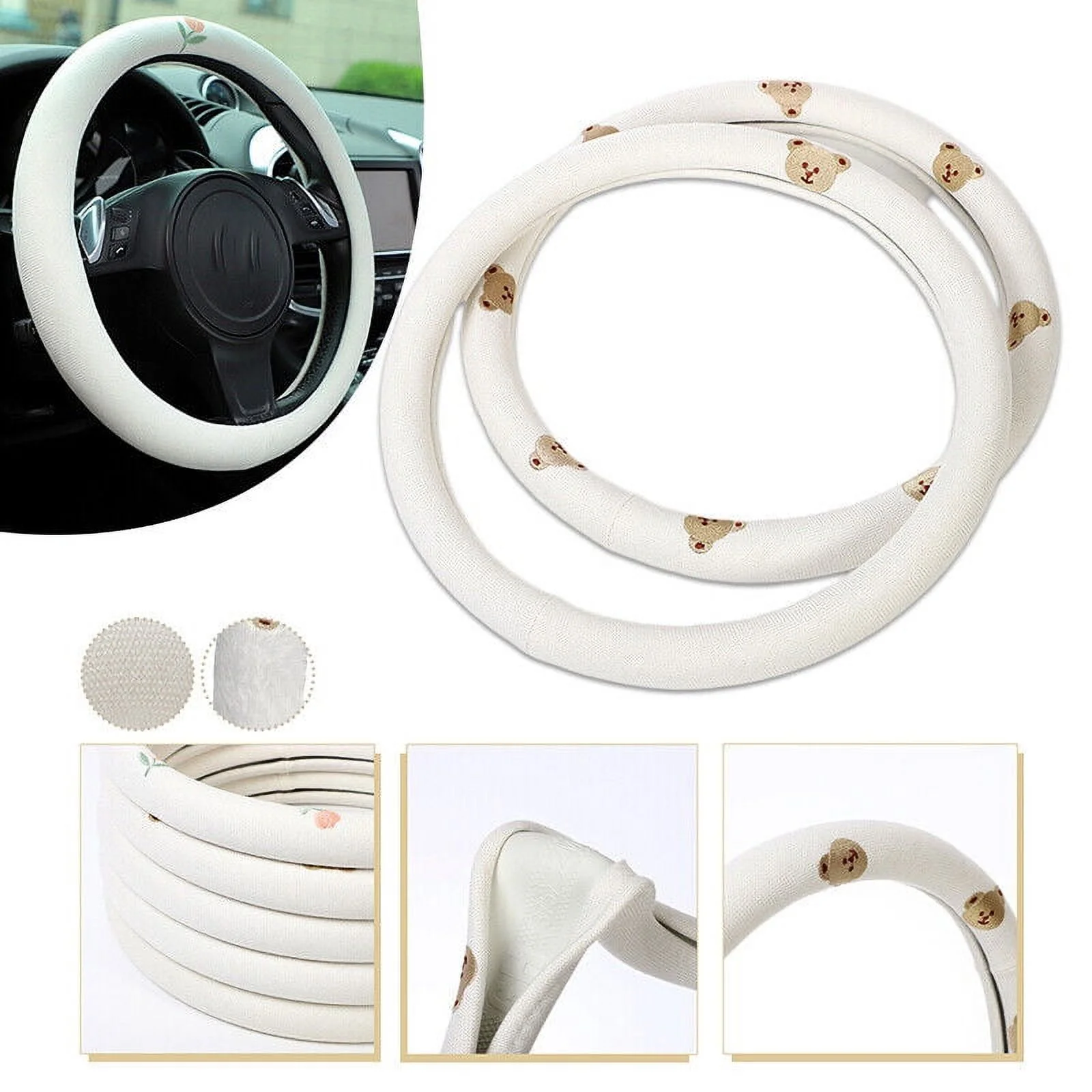 Car Cartoon Steering Wheel Cover Embroidery Cotton Linen Non-slip Handle Decor