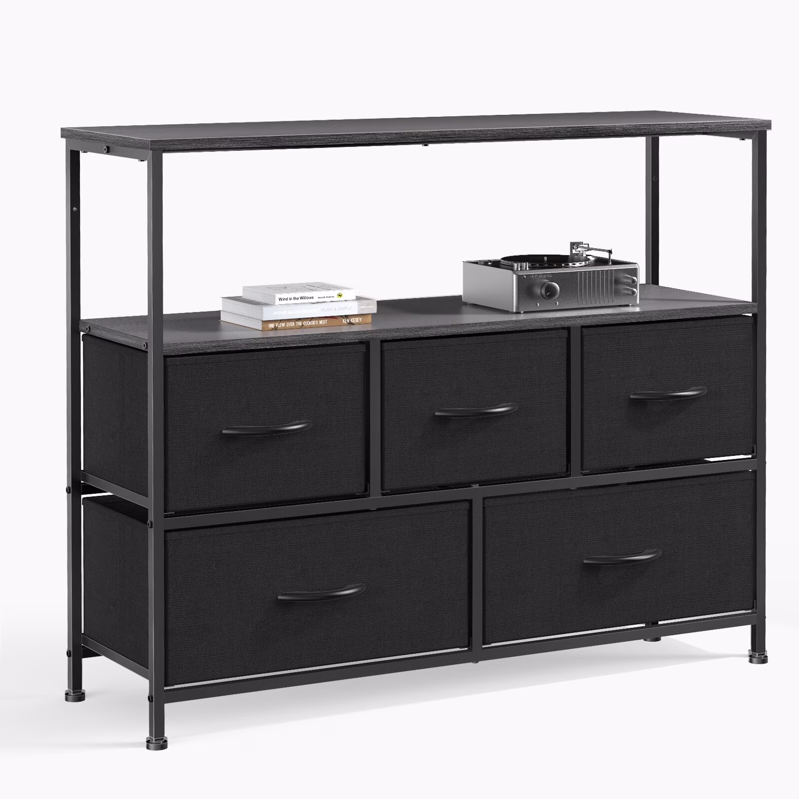 CoolArea 5-Drawer Dresser, Fabric Chest Storage Tower with Wooden Top and Open Shelf Black