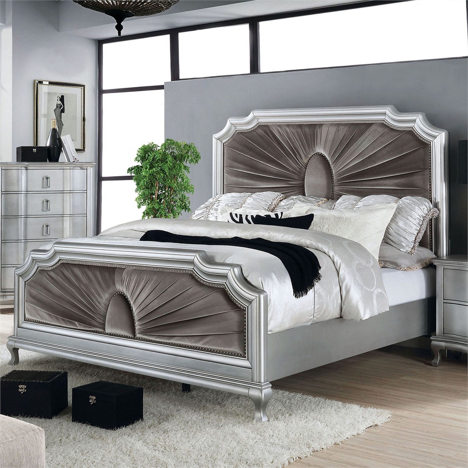 FOA Pappa Glam 3-Piece Silver Wood Bedroom Set - Cal King + Nightstand + Dresser