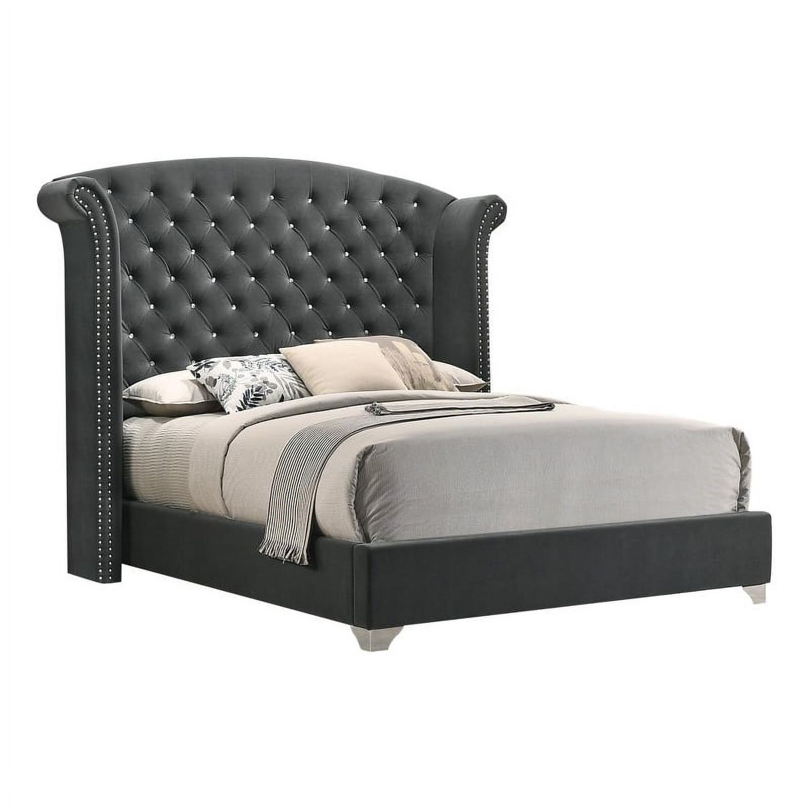Pemberly Row Eastern King Wingback Velvet Upholstered Bed in Gray