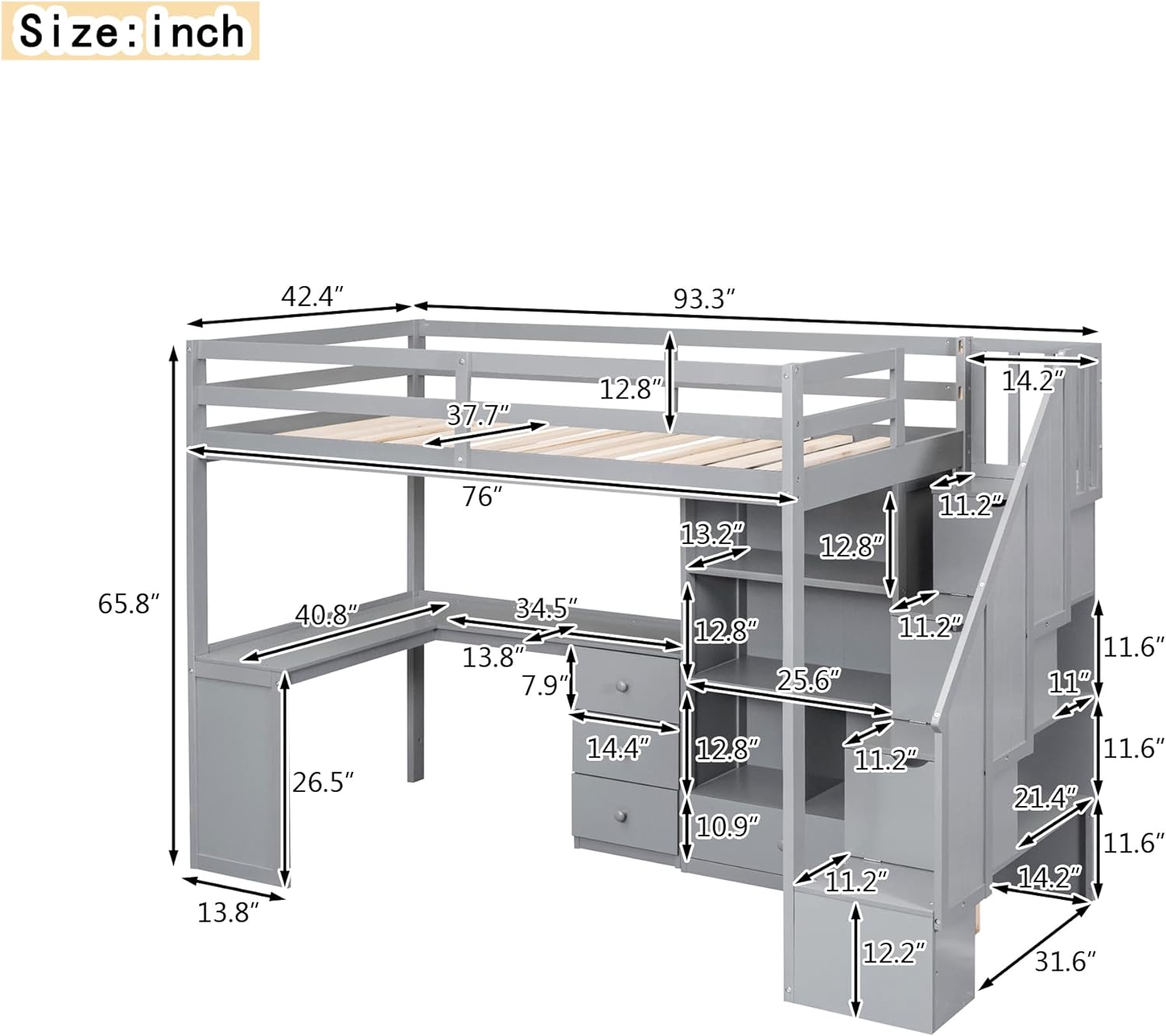 Size Loft Bed With Stairs Ad L-Shaped Desk, Wood Loft Bed With Storage Drawers Ad Cabiet, Loft Bed With Guardrails For Kids Girls Boys, Grey