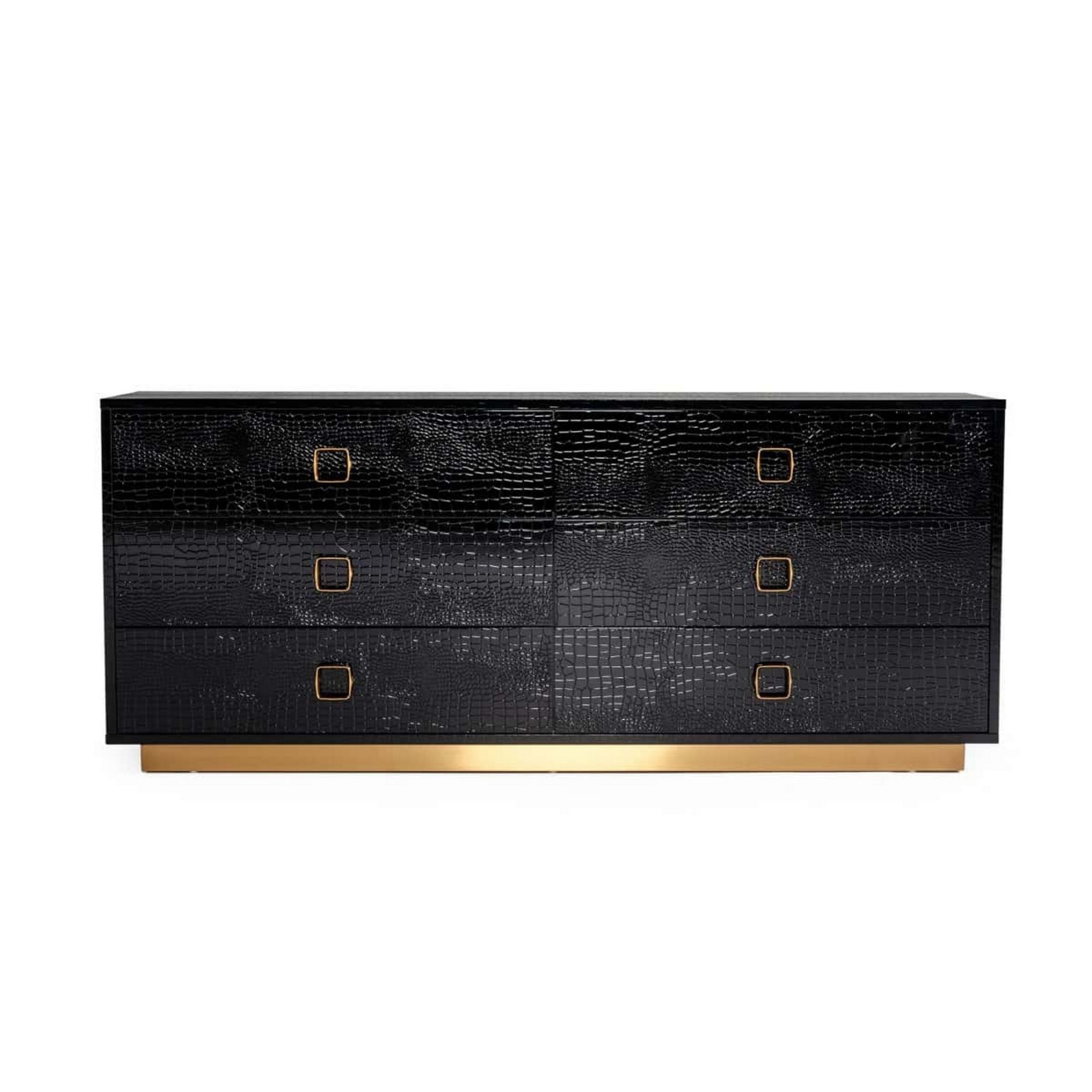 Benjara Hart 63 Inch Dresser, 6 Drawers, Crocodile Skin Texture, Lacquer, Black