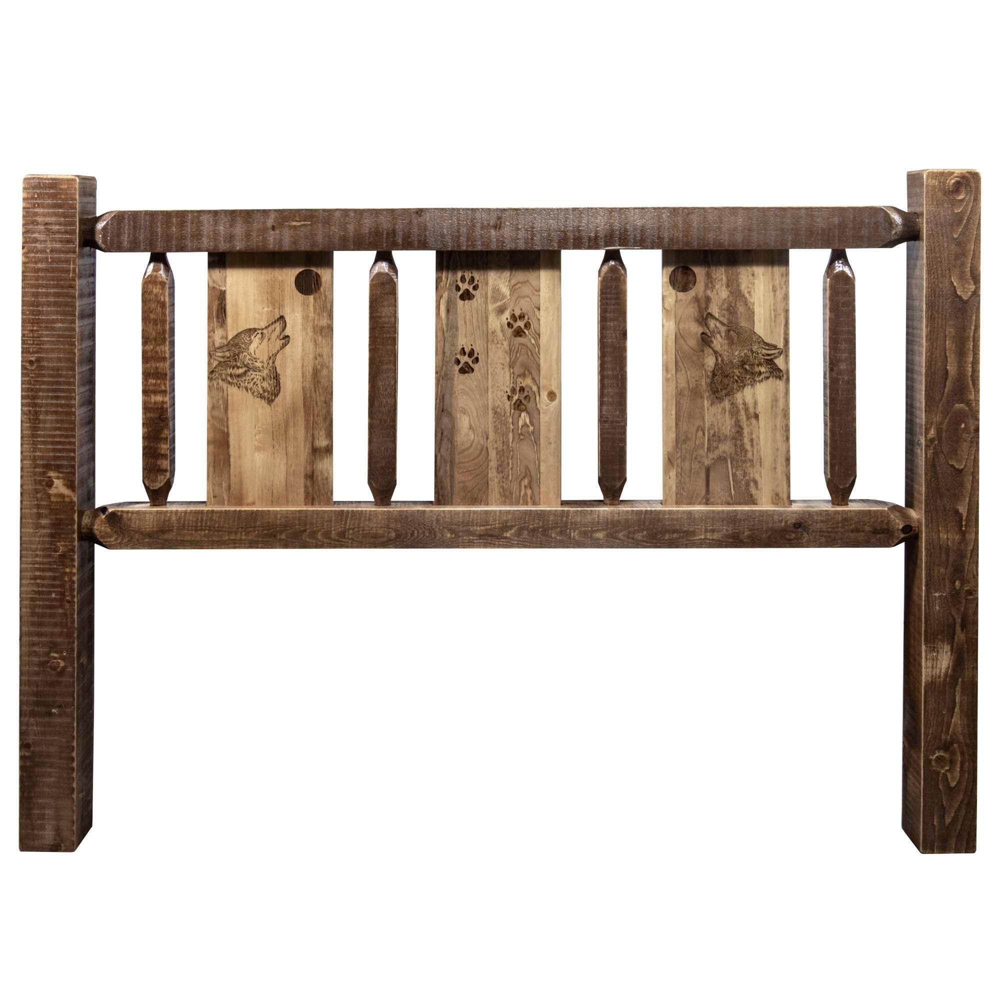 Homestead Collection Queen Headboard w/ Laser Engraved Wolf Design, Stain & Clear Lacquer Finish